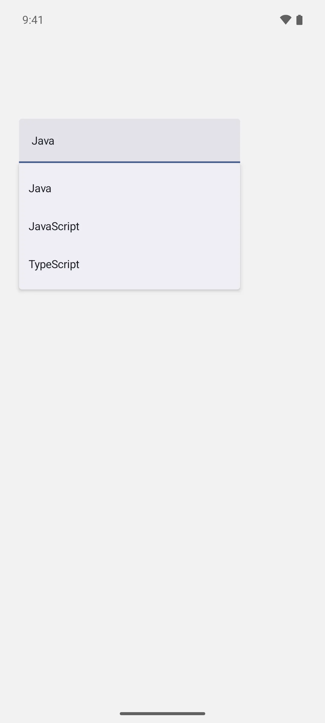 A read-only text field showing Java with an open menu below it listing Java, JavaScript, and TypeScript