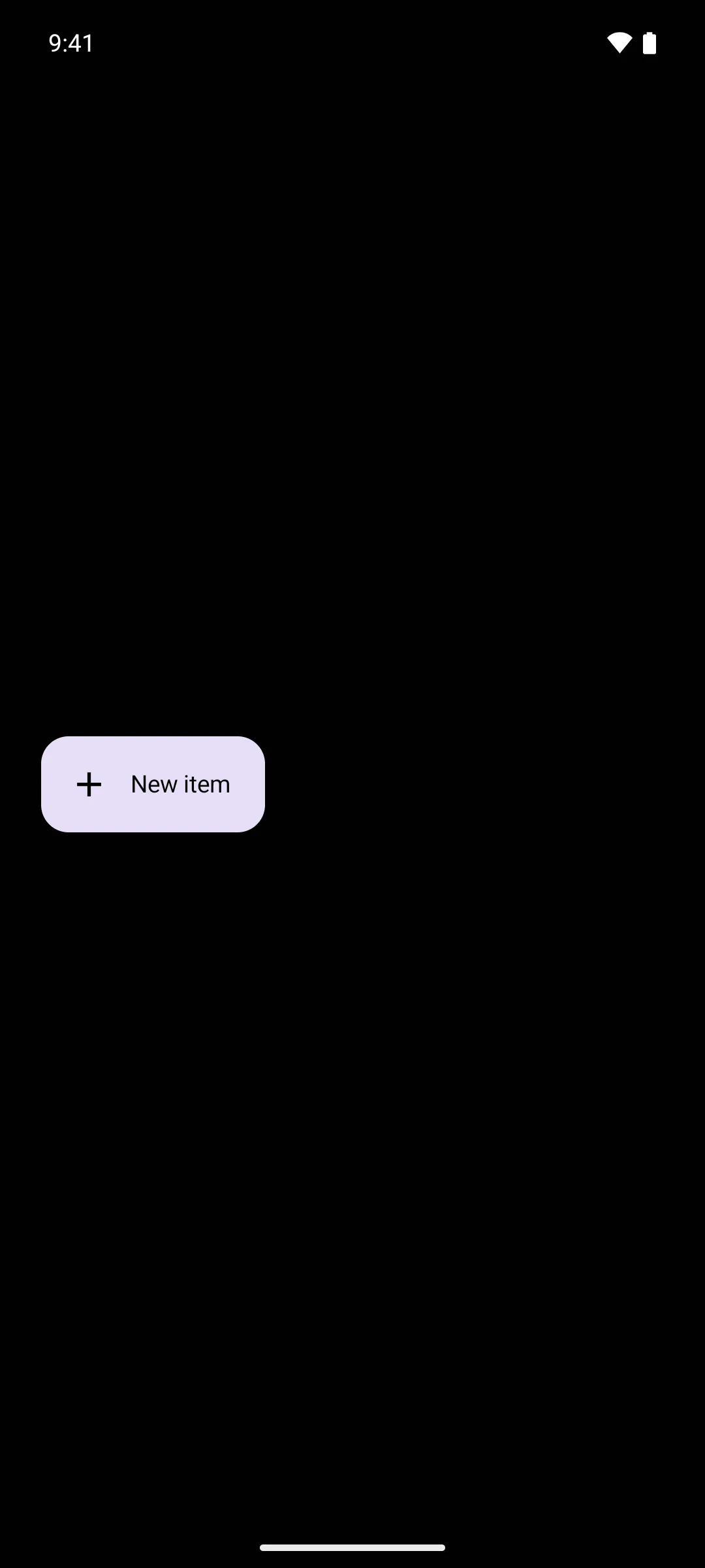 An extended floating action button with a light purple container and the label New item