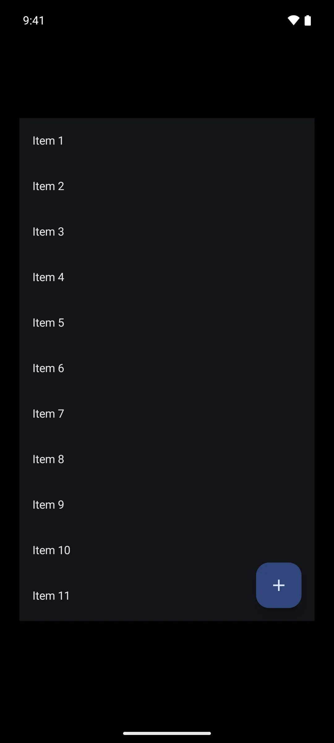 A floating action button in the bottom right corner over a scrollable list of items