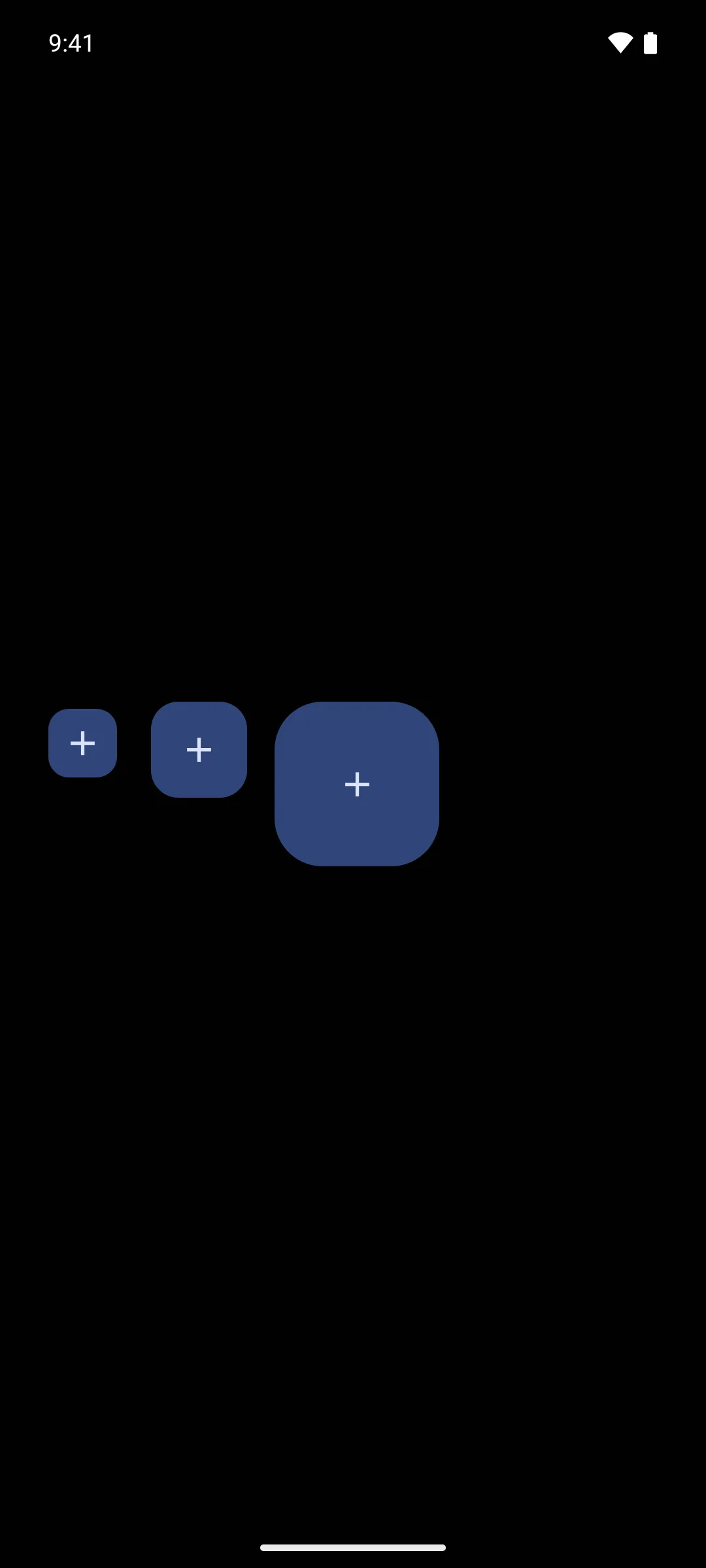Small, standard, and large floating action buttons side by side, each with a plus icon