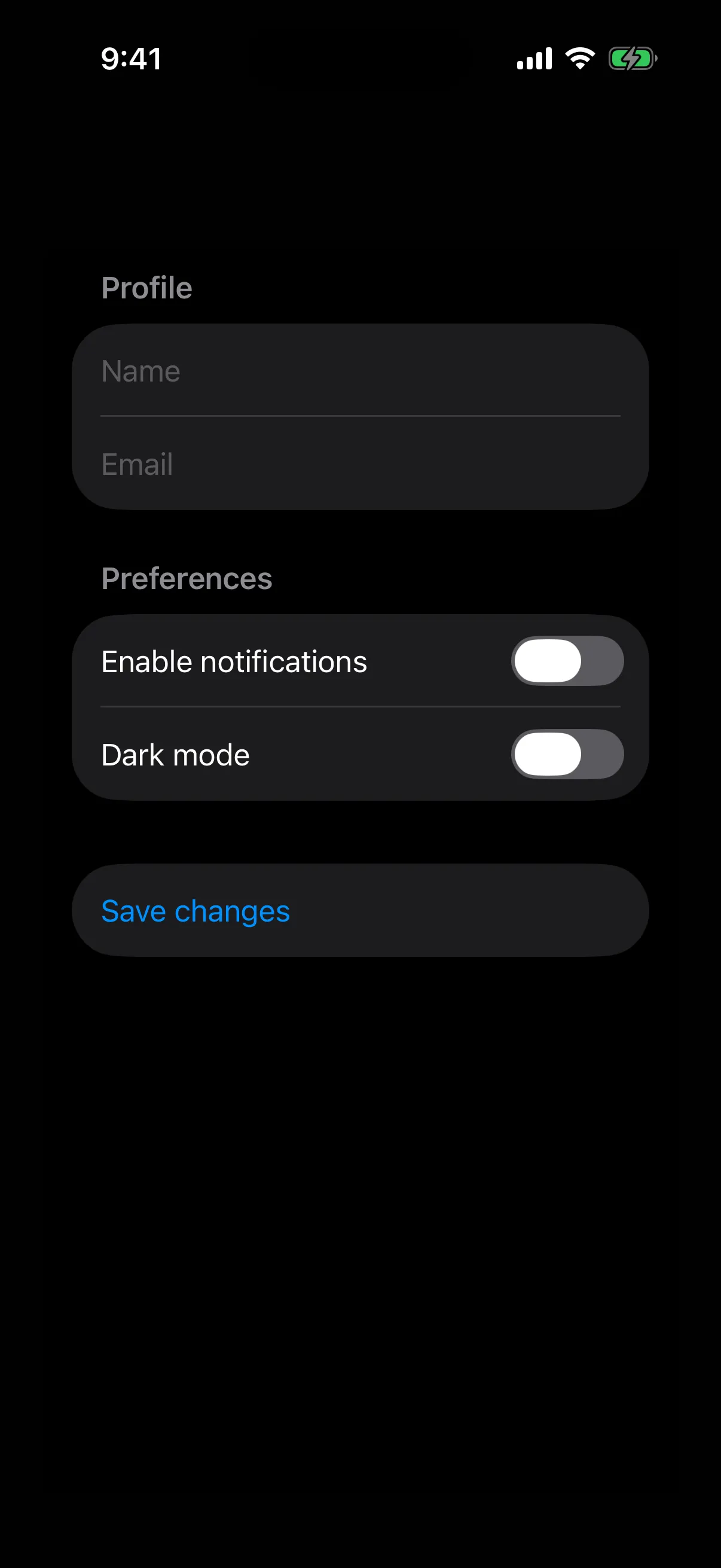 A form with a Profile section of two fields, a Preferences section of two toggles, and a Save changes button