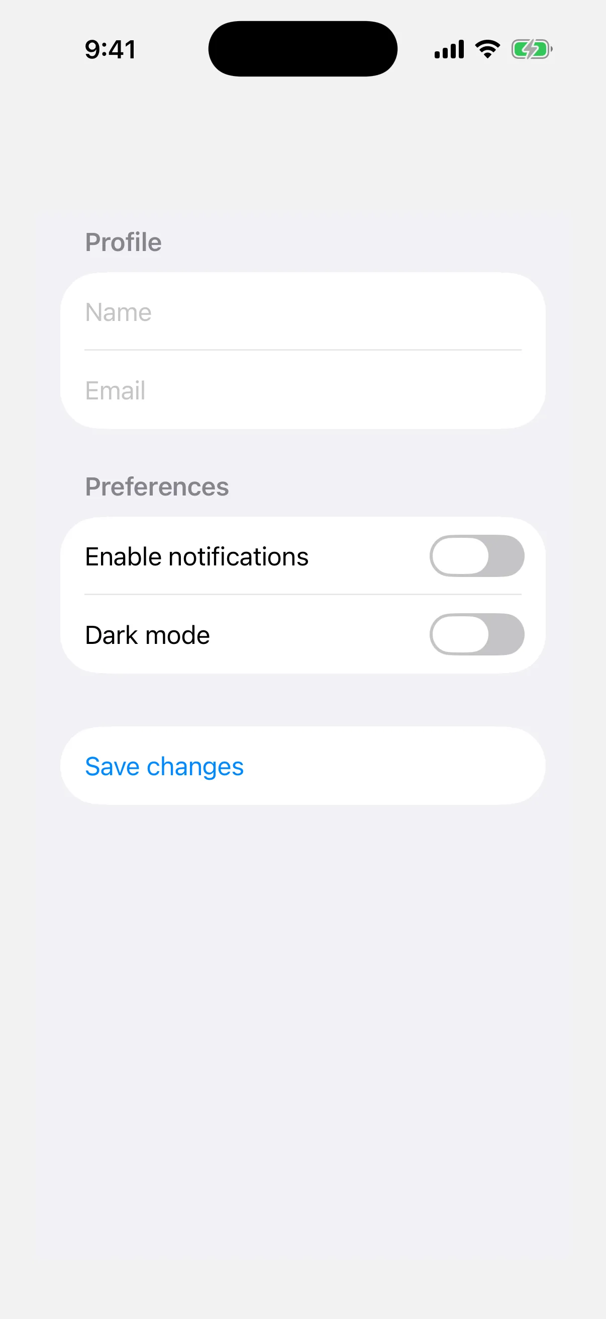 A form with a Profile section of two fields, a Preferences section of two toggles, and a Save changes button
