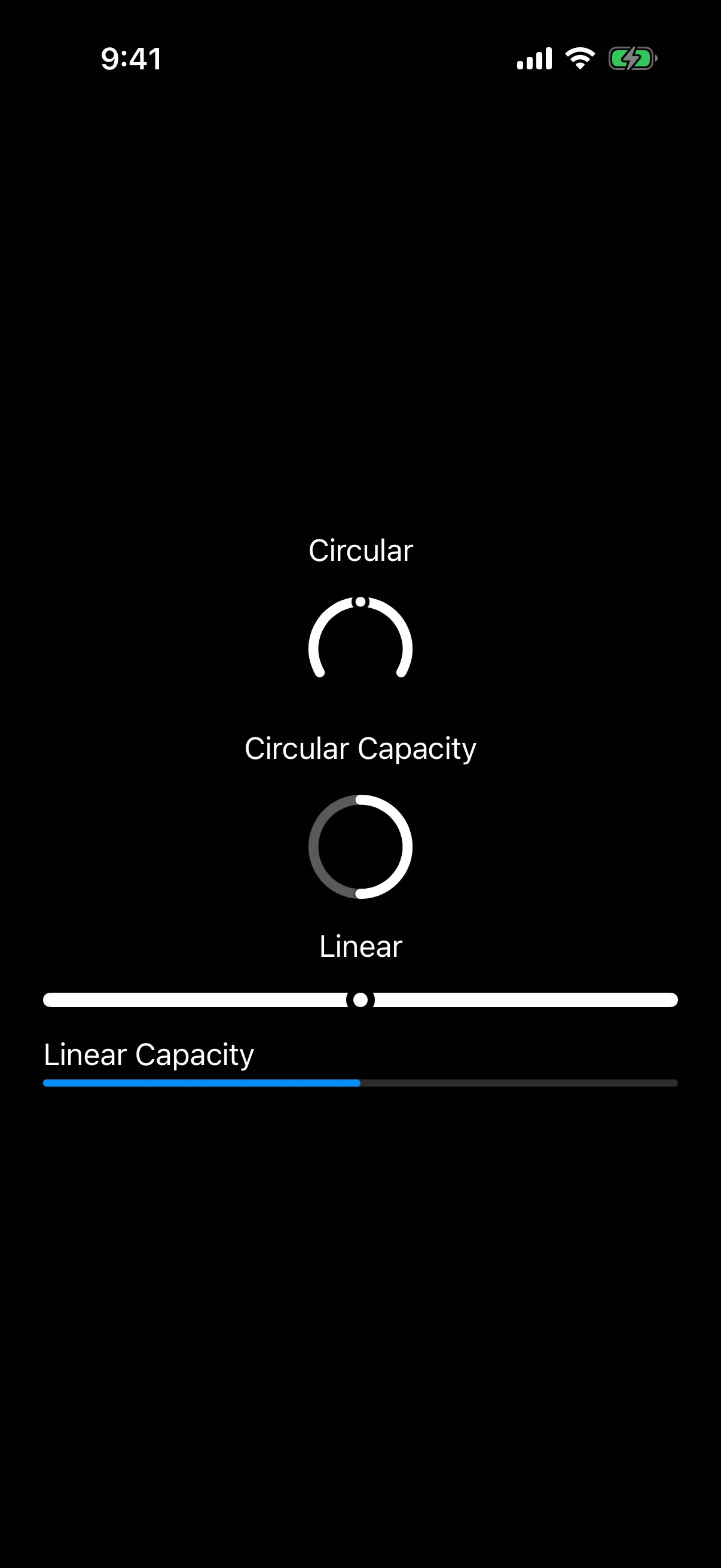 Circular, circular capacity, linear, and linear capacity gauge styles rendered on iOS