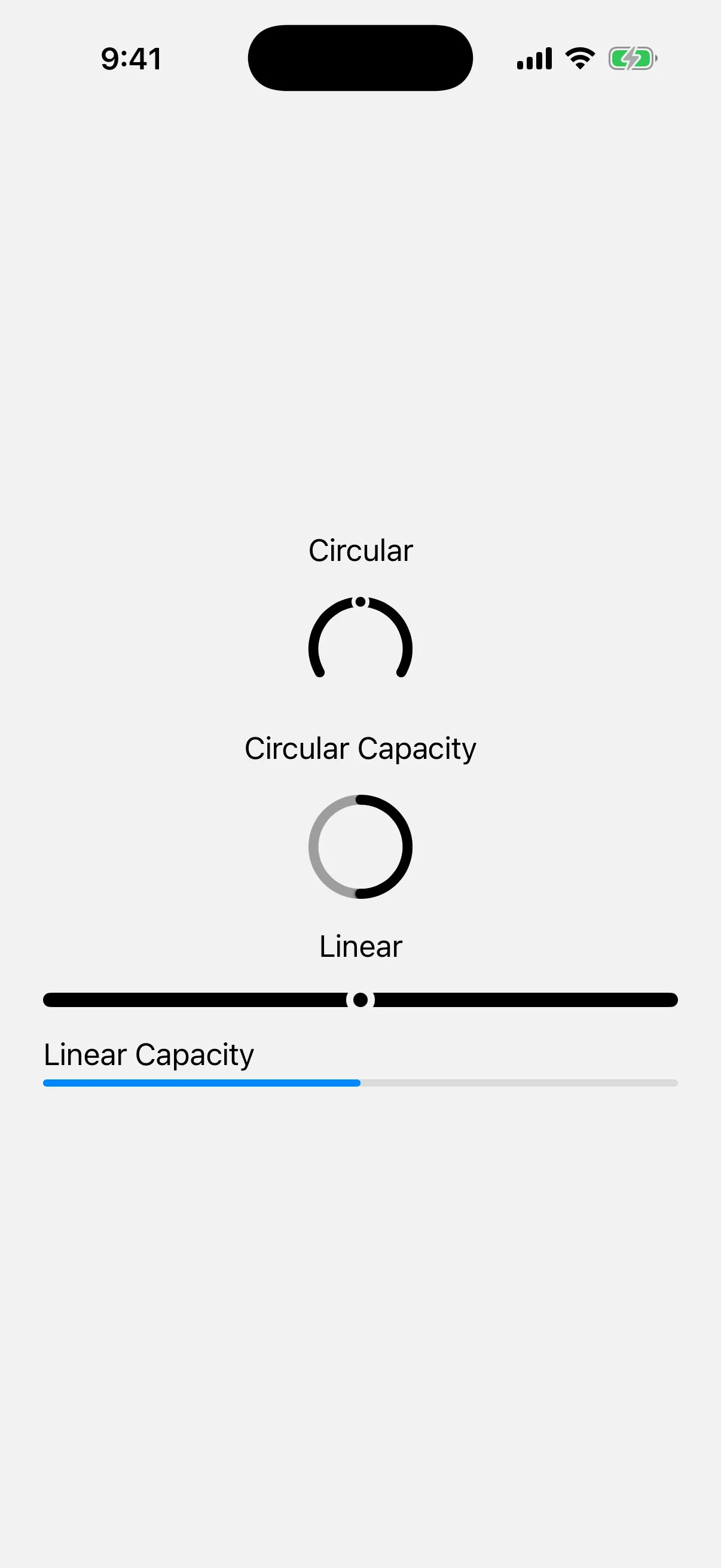Circular, circular capacity, linear, and linear capacity gauge styles rendered on iOS