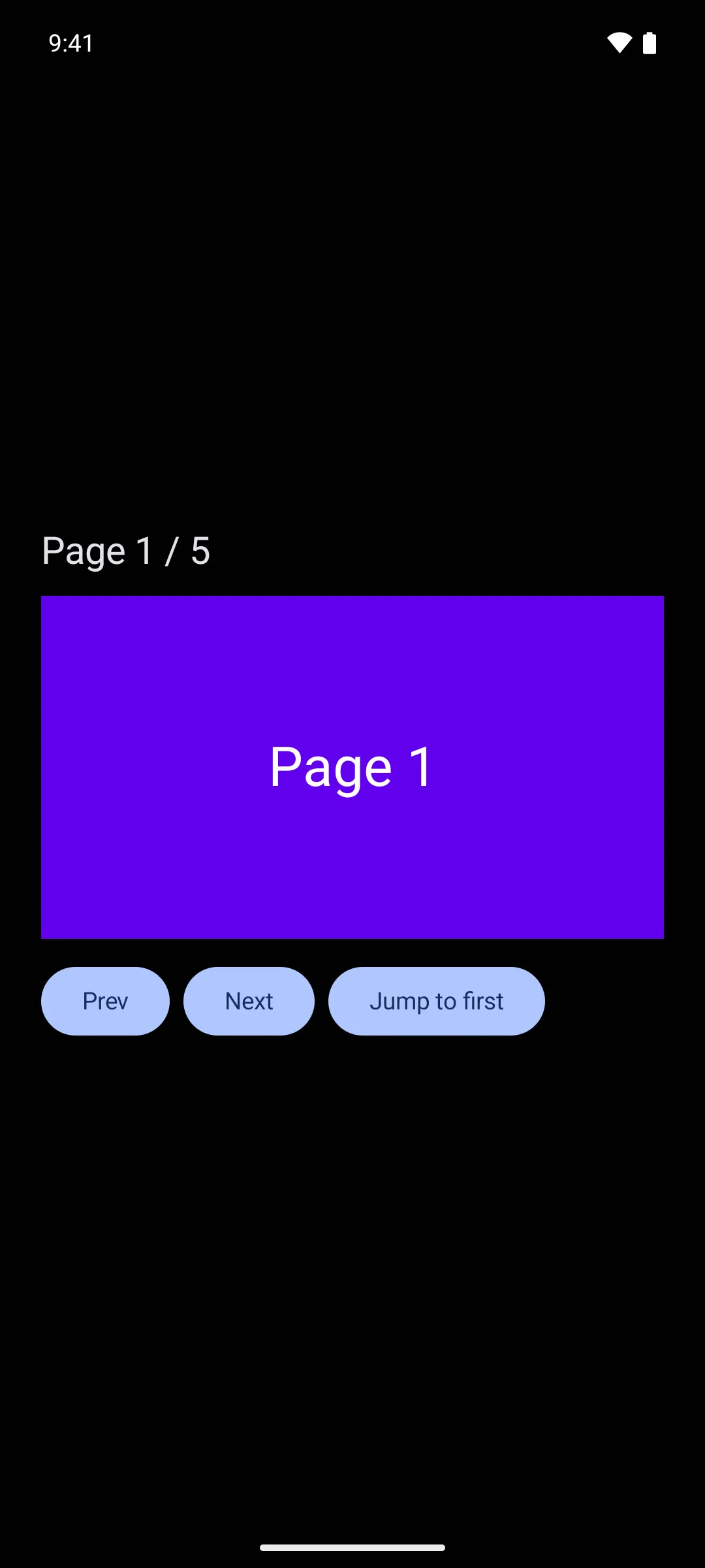 A pager on page 1 of 5 with Prev, Next, and Jump to first buttons below it
