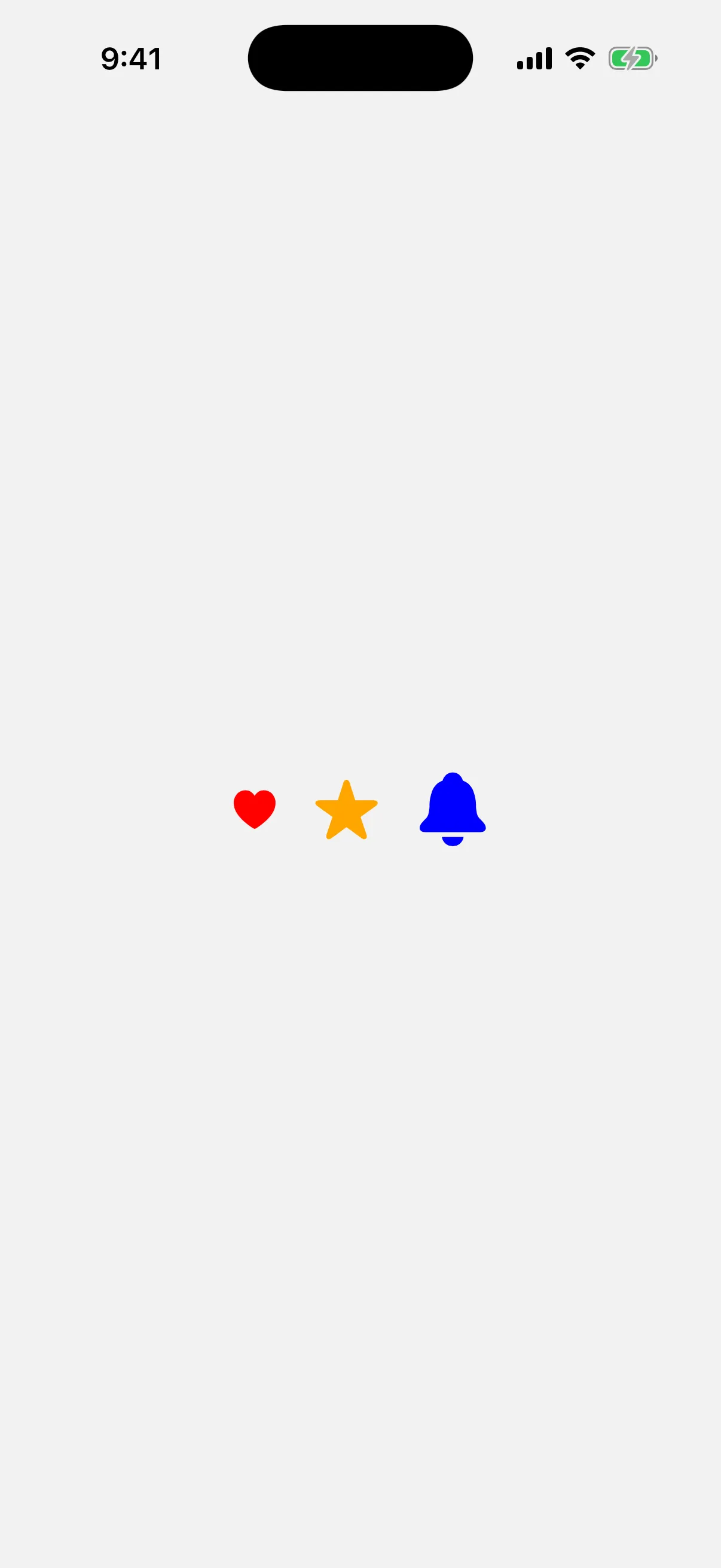 A red heart, an orange star, and a blue bell SF Symbol at increasing sizes