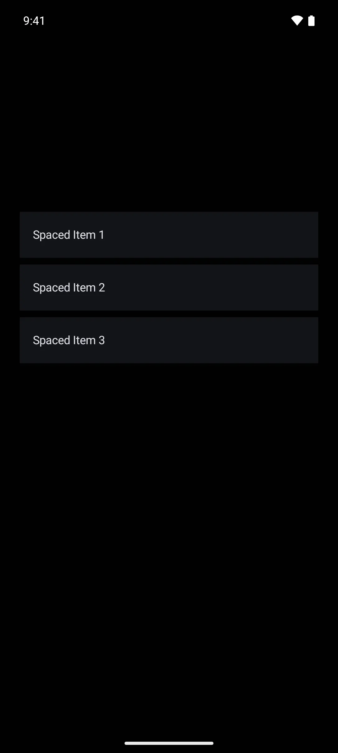 Three list items separated by an eight density independent pixel gap