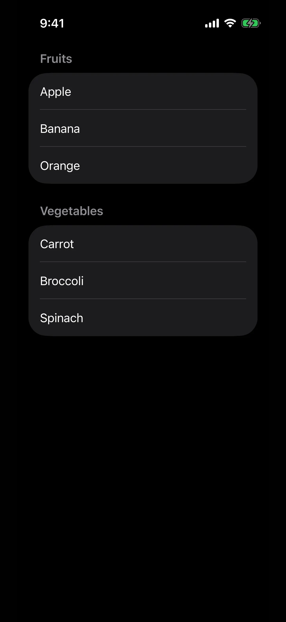 A list with Fruits and Vegetables sections