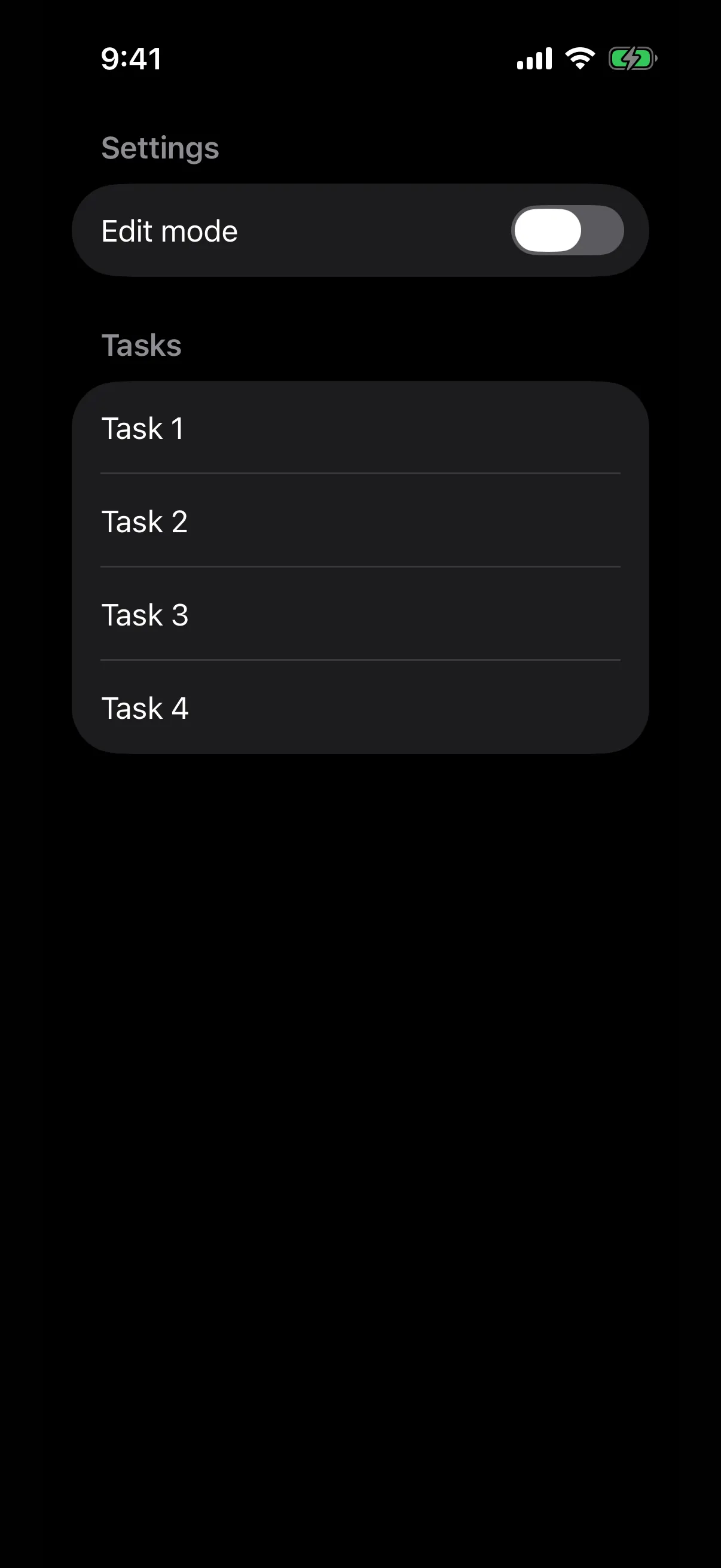 A list with an Edit mode toggle and four task rows