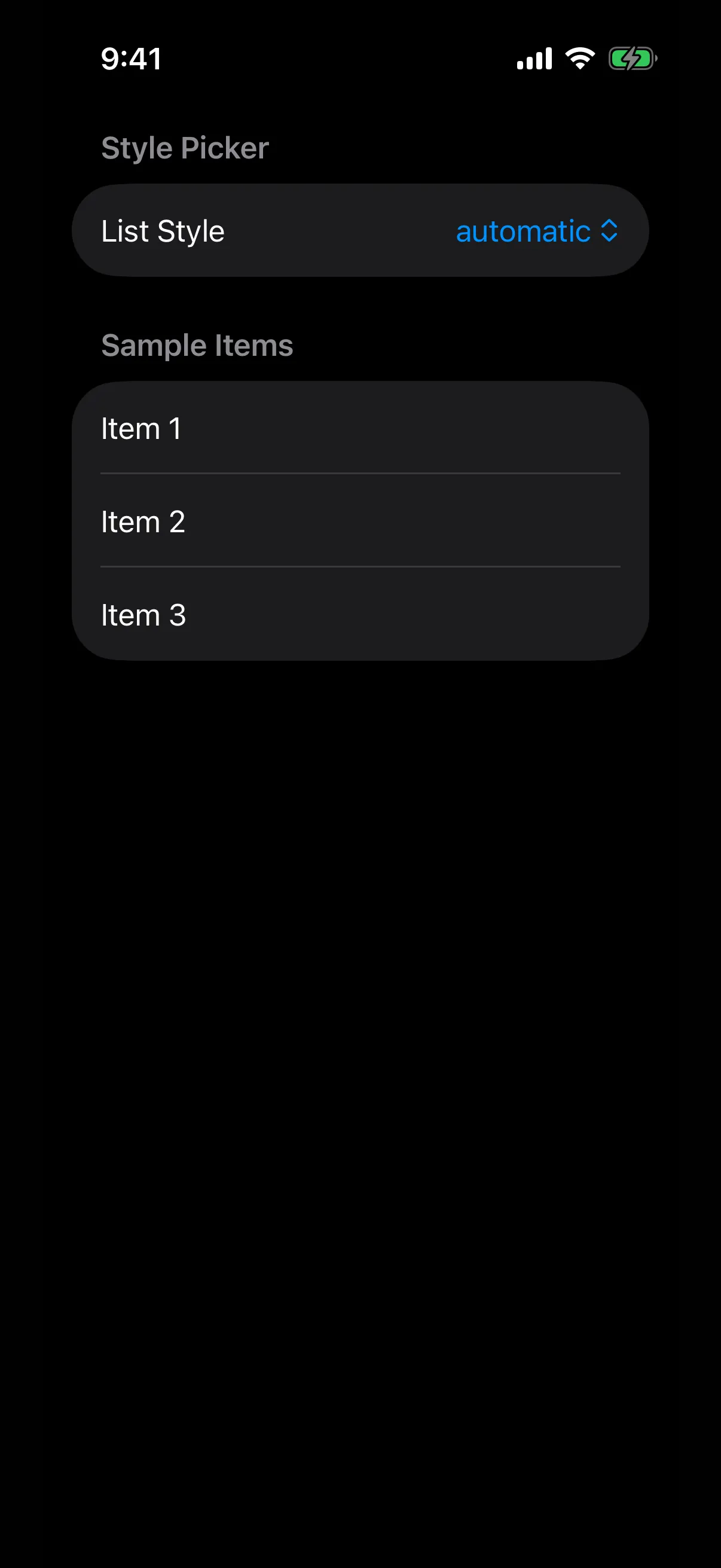 A list with a List Style menu picker set to automatic and three sample items