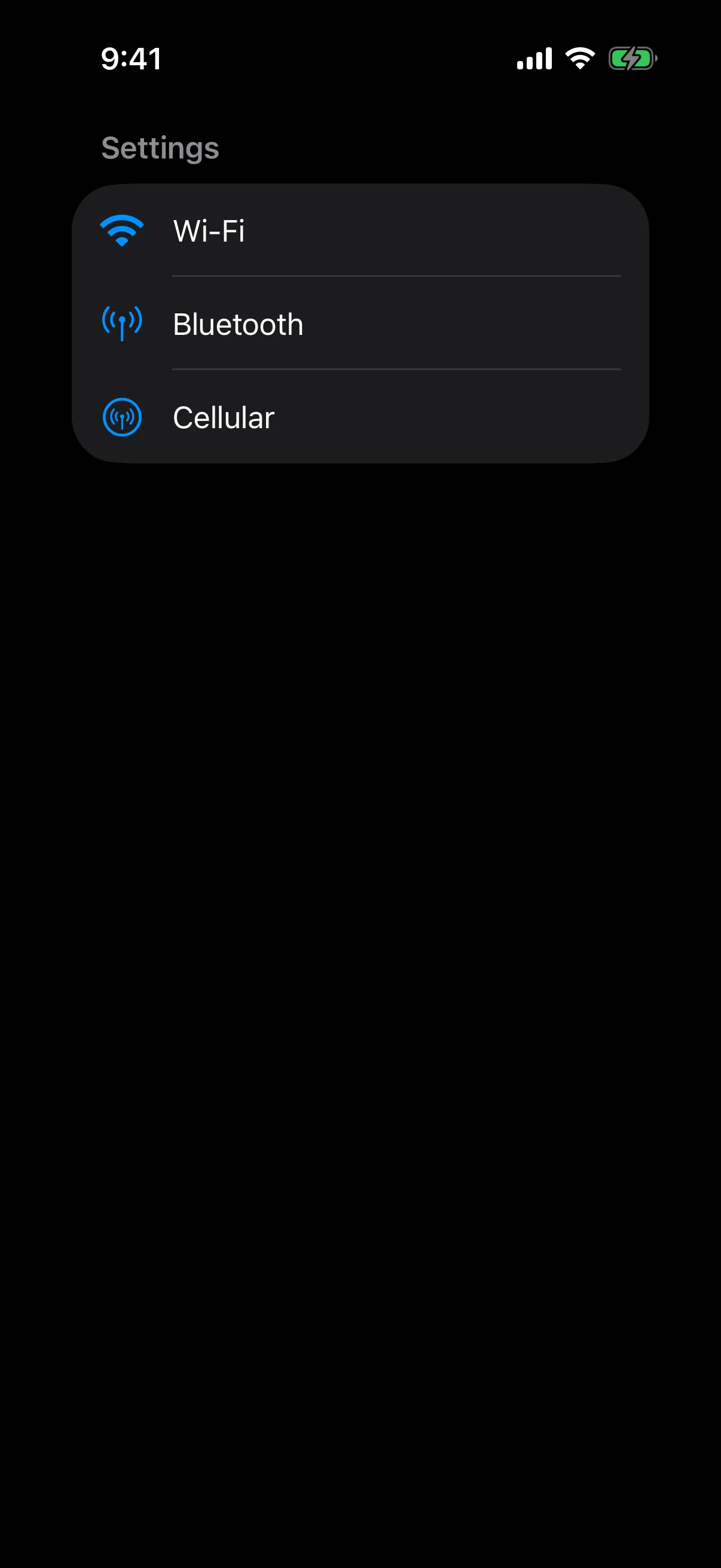 A Settings list with Wi-Fi, Bluetooth, and Cellular rows with blue SF Symbol icons