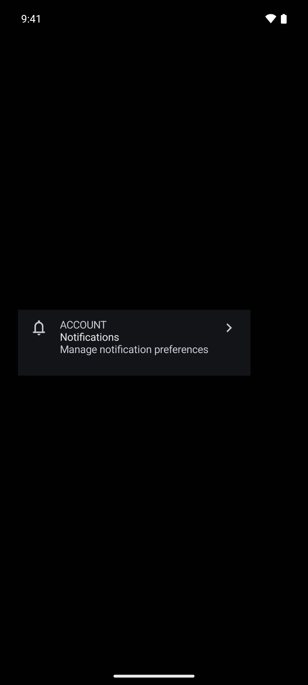 A list row with a bell icon, an ACCOUNT overline, a Notifications headline, supporting text, and a trailing chevron