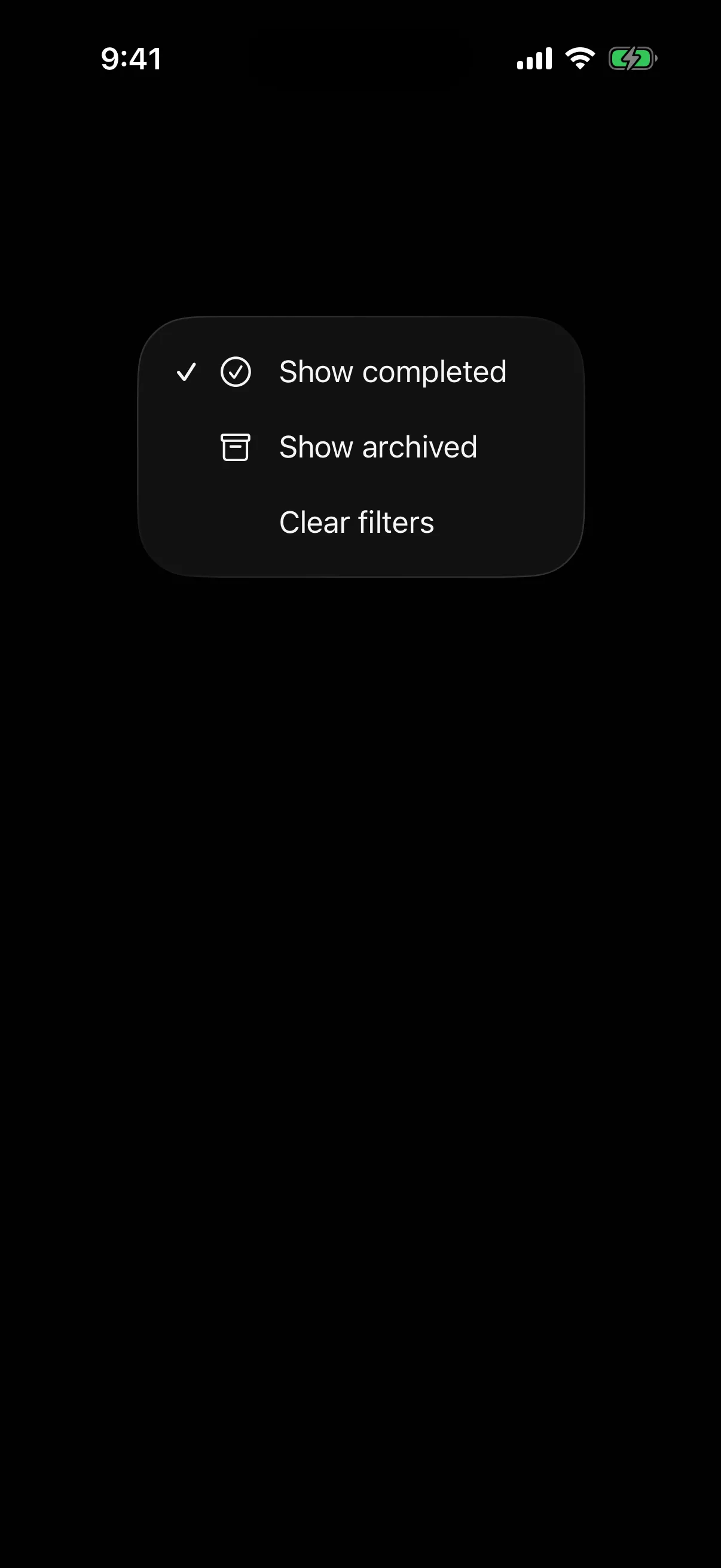 An open menu where Show completed has a checkmark and Show archived does not