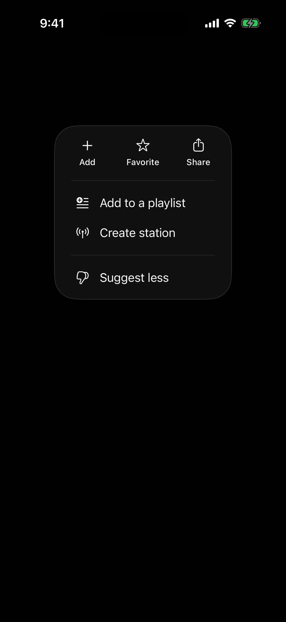An open menu with an Add, Favorite, and Share row above two sections of list items