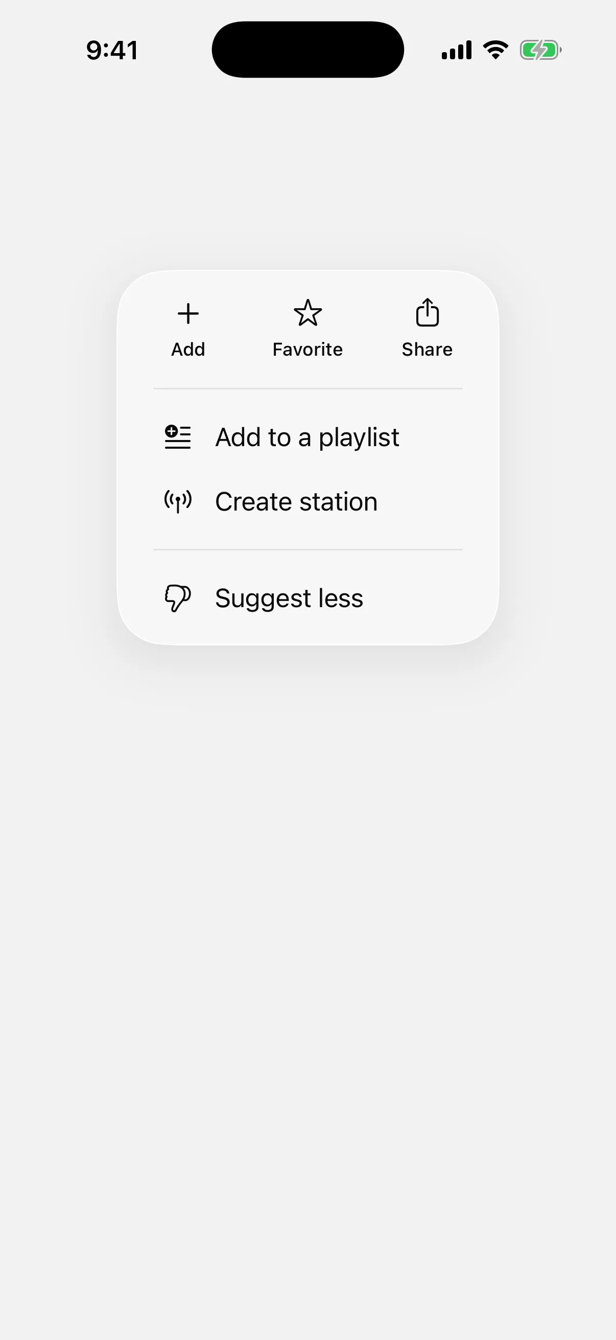 An open menu with an Add, Favorite, and Share row above two sections of list items