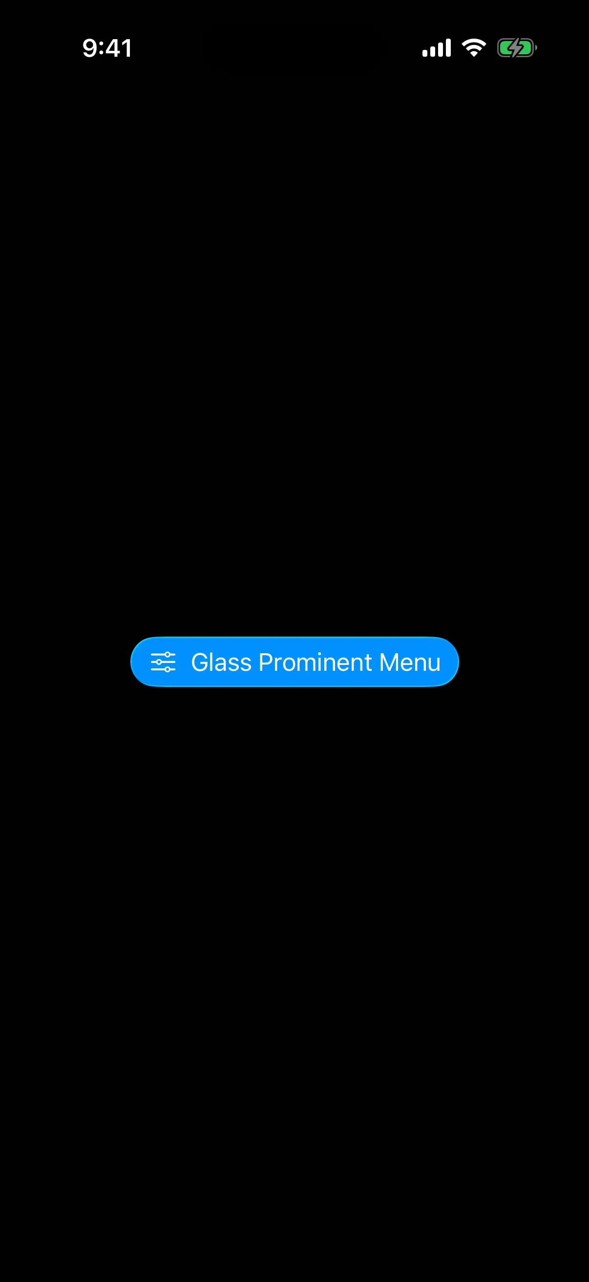 A menu trigger rendered as a prominent blue glass capsule with a sliders icon