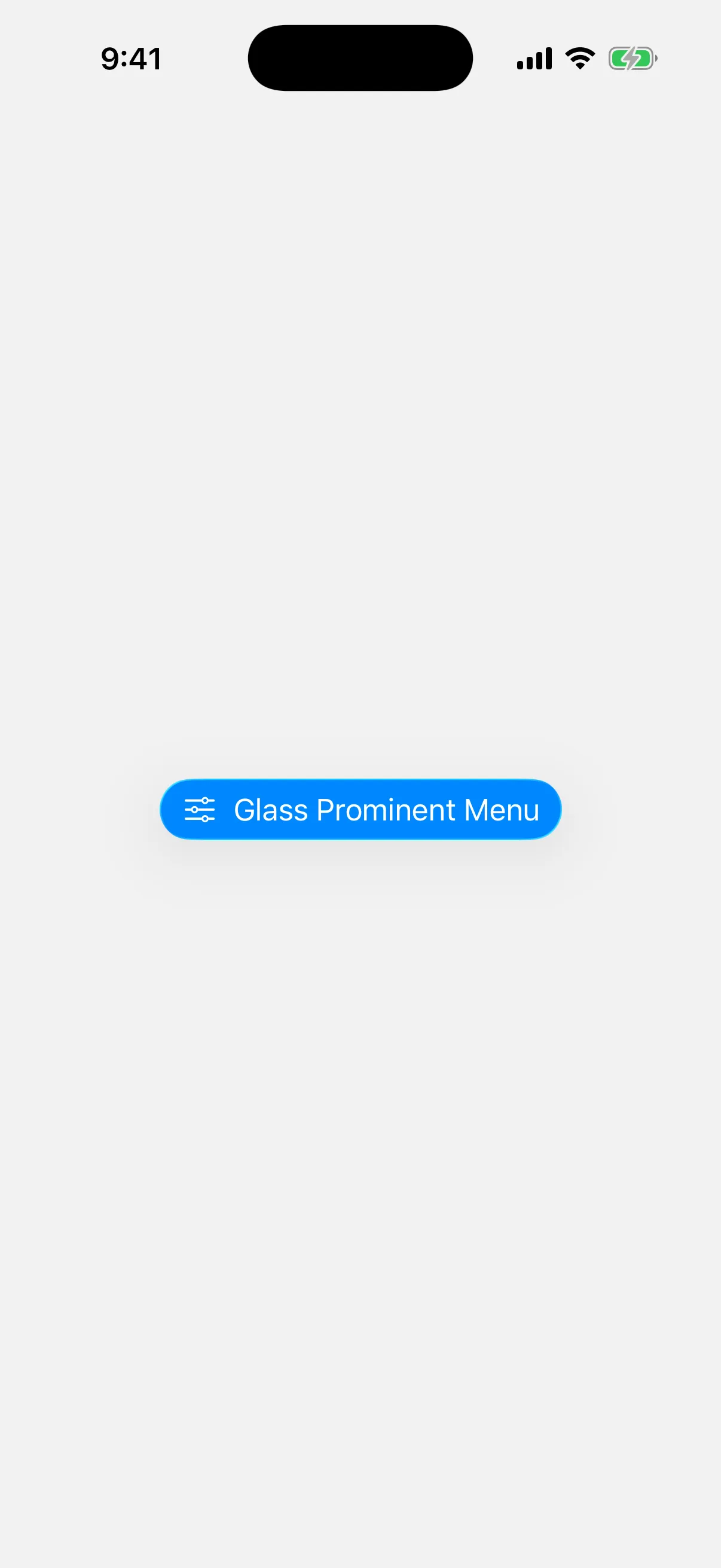 A menu trigger rendered as a prominent blue glass capsule with a sliders icon