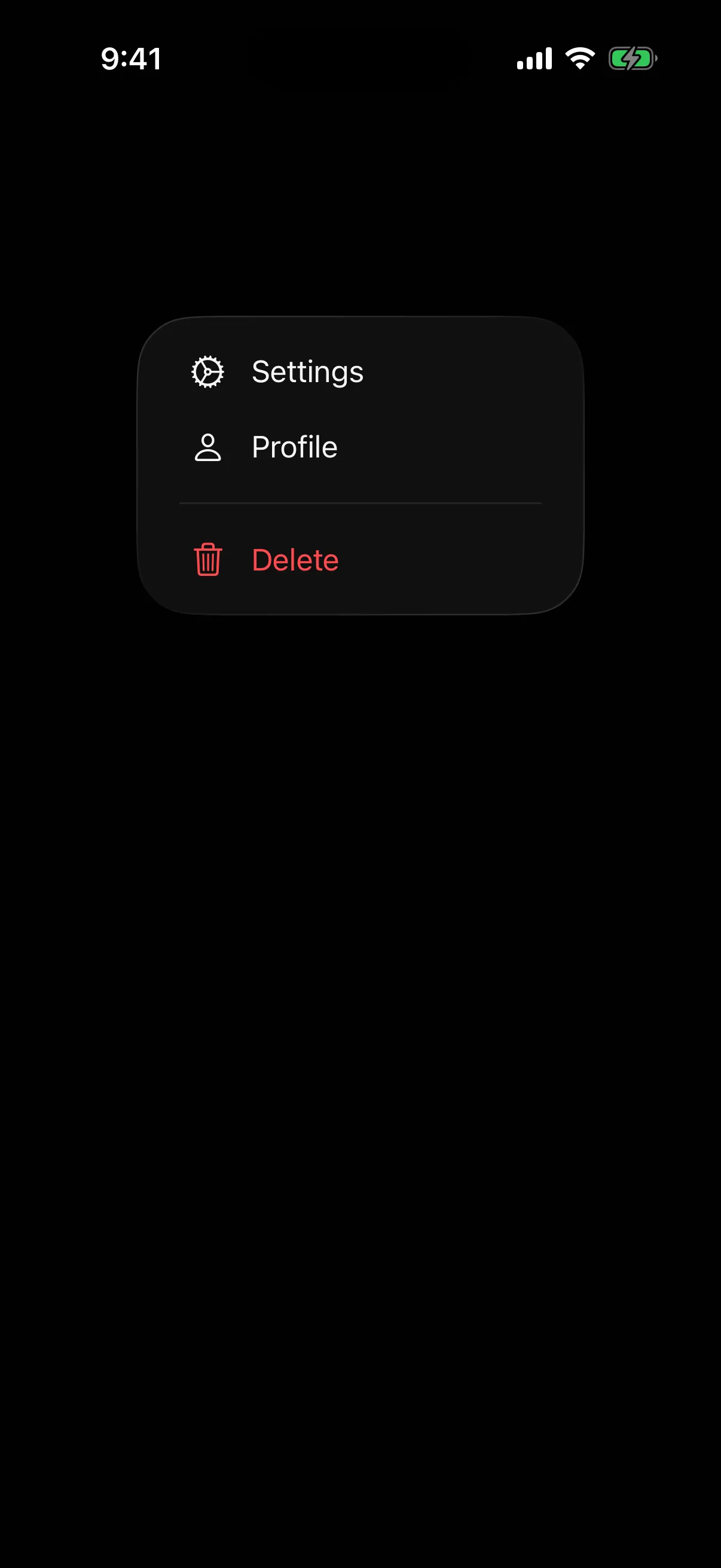 An open menu with Settings and Profile rows, a divider, and a red Delete row