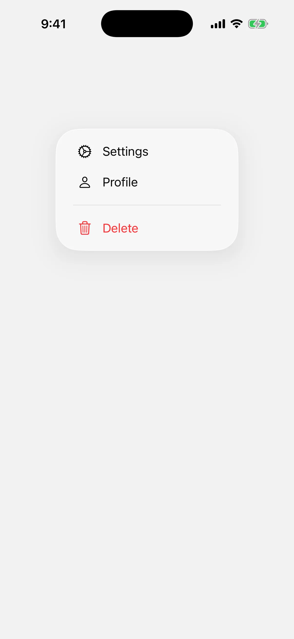 An open menu with Settings and Profile rows, a divider, and a red Delete row