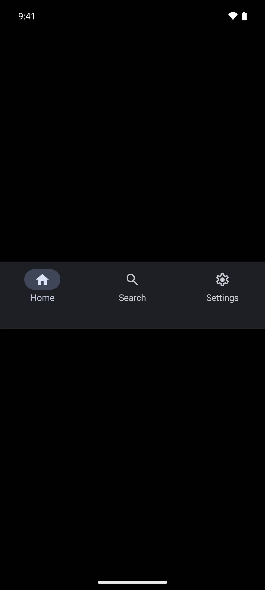 A Material 3 navigation bar with Home, Search, and Settings items, Home selected