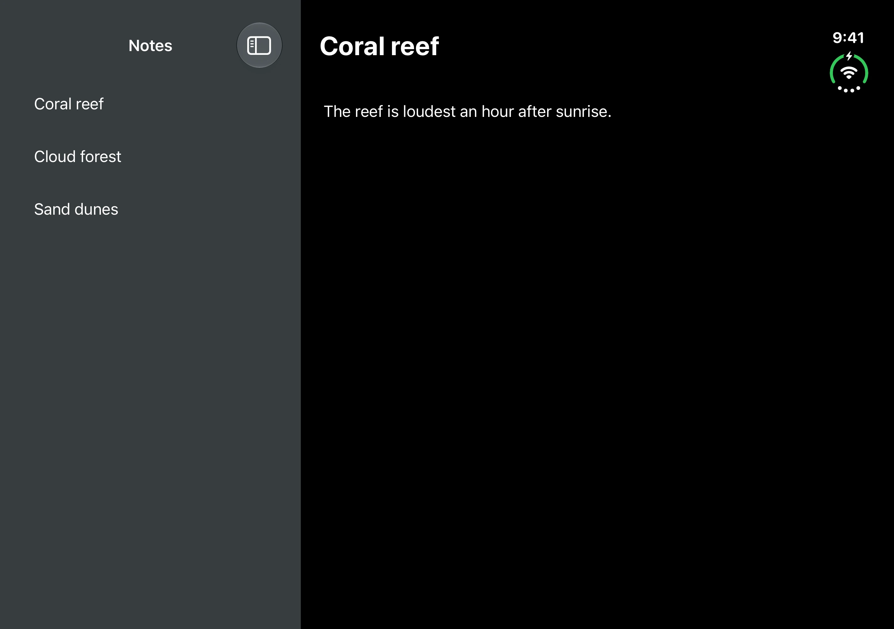 A Notes sidebar next to the detail of the selected Coral reef note