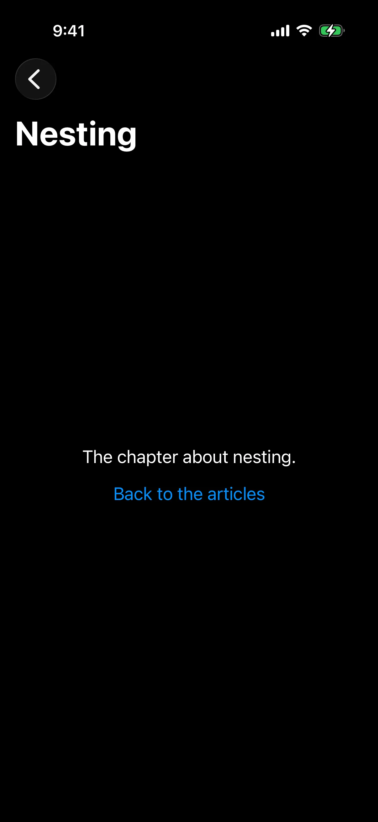 The pushed Nesting screen with a back button and a Back to the articles button