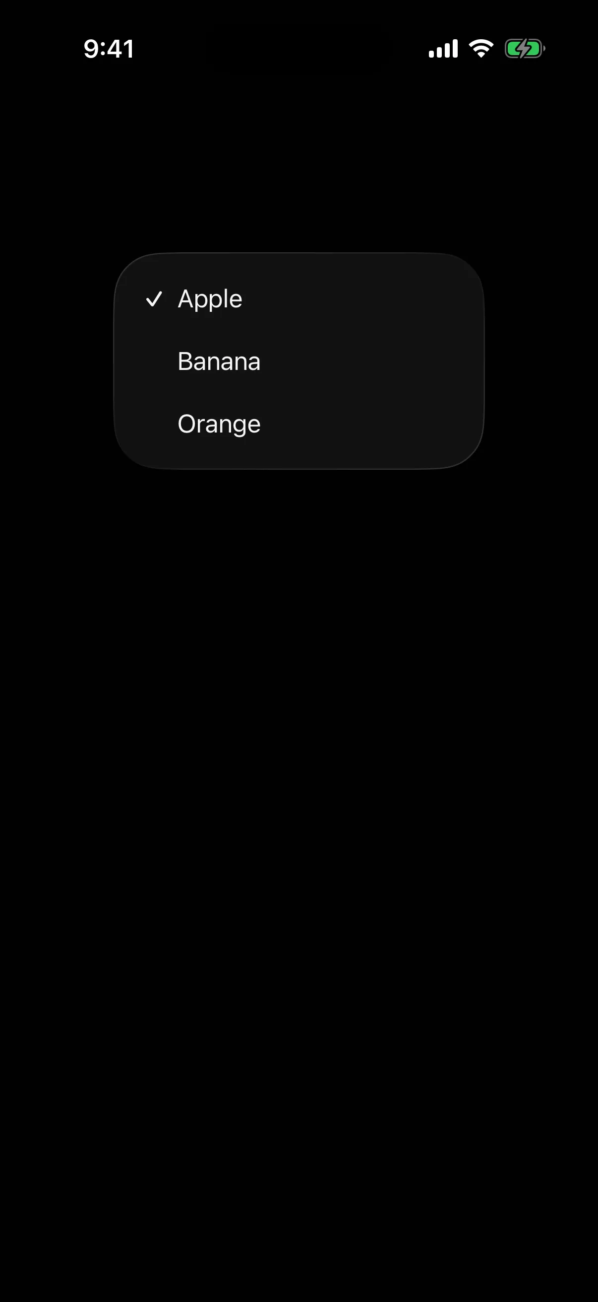 An open menu picker listing Apple with a checkmark, Banana, and Orange