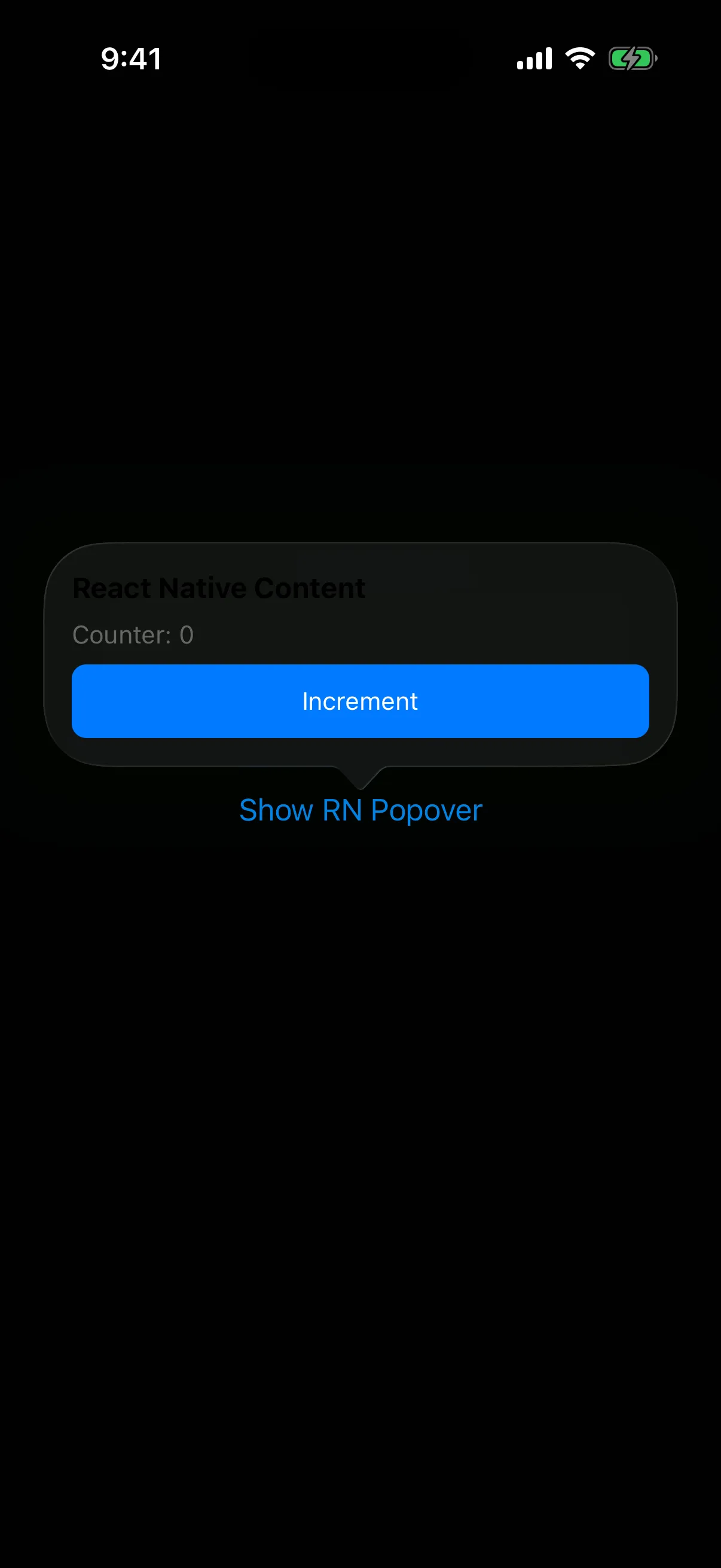 A popover containing React Native text, a counter, and a blue Increment button
