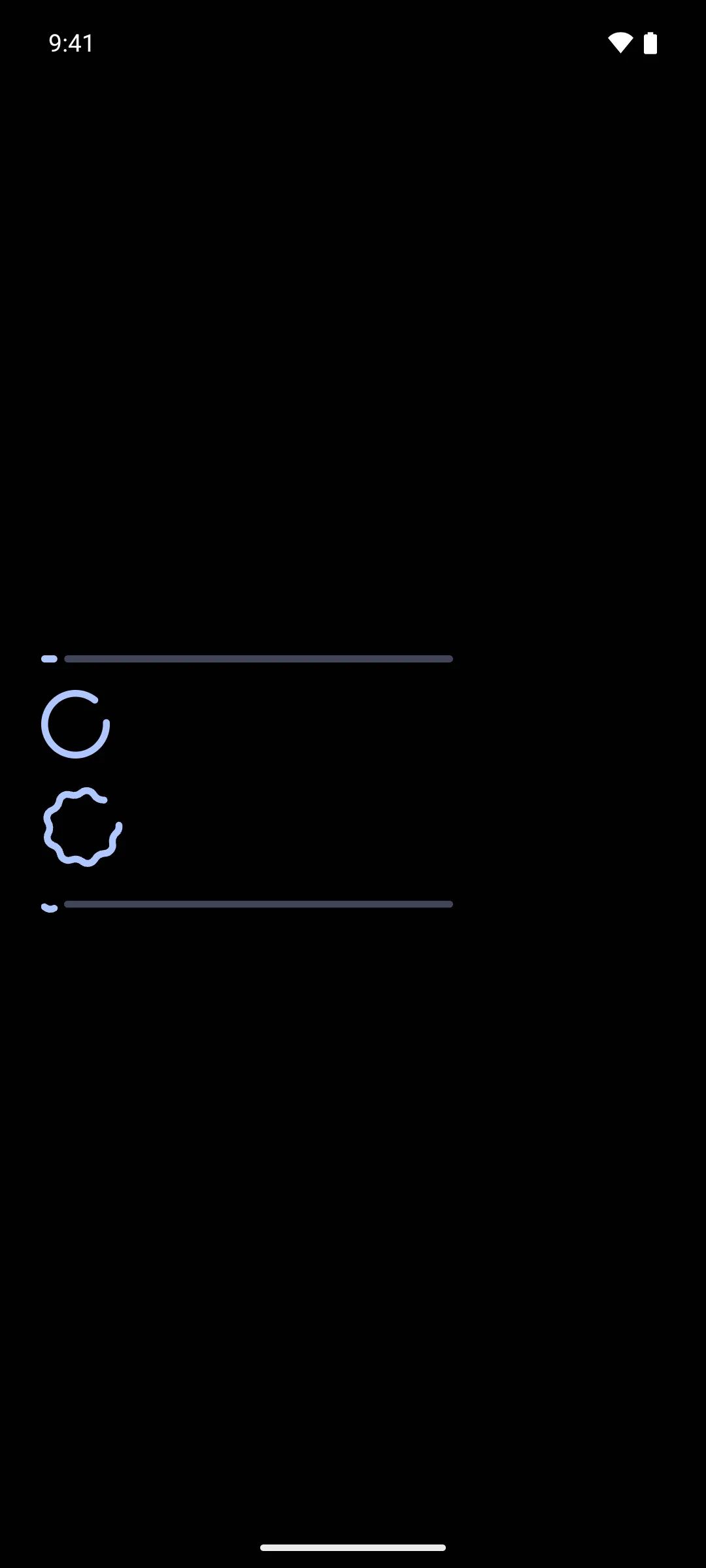 Linear, circular, wavy circular, and wavy linear indicators animating without a set value