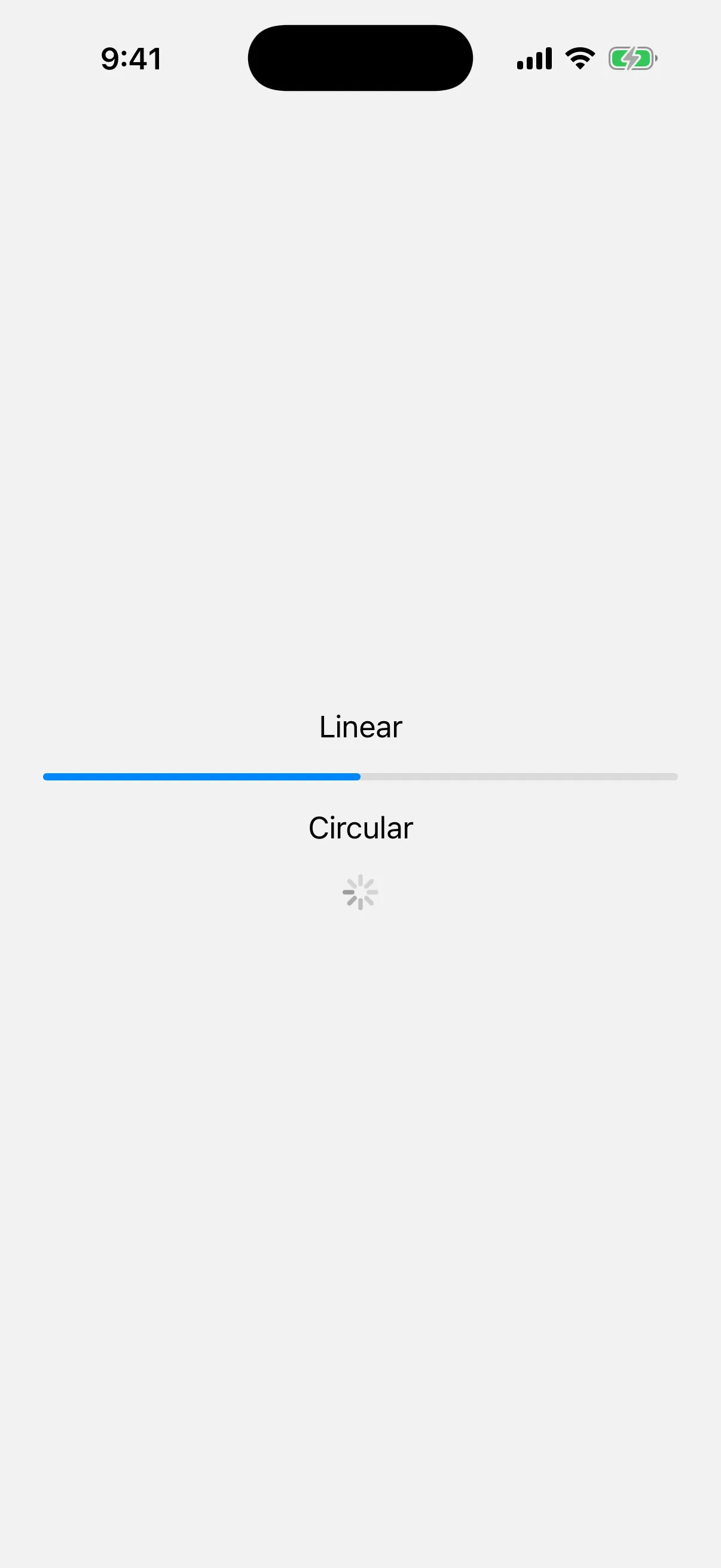 A half-filled linear progress bar labelled Linear, above a circular spinner labelled Circular
