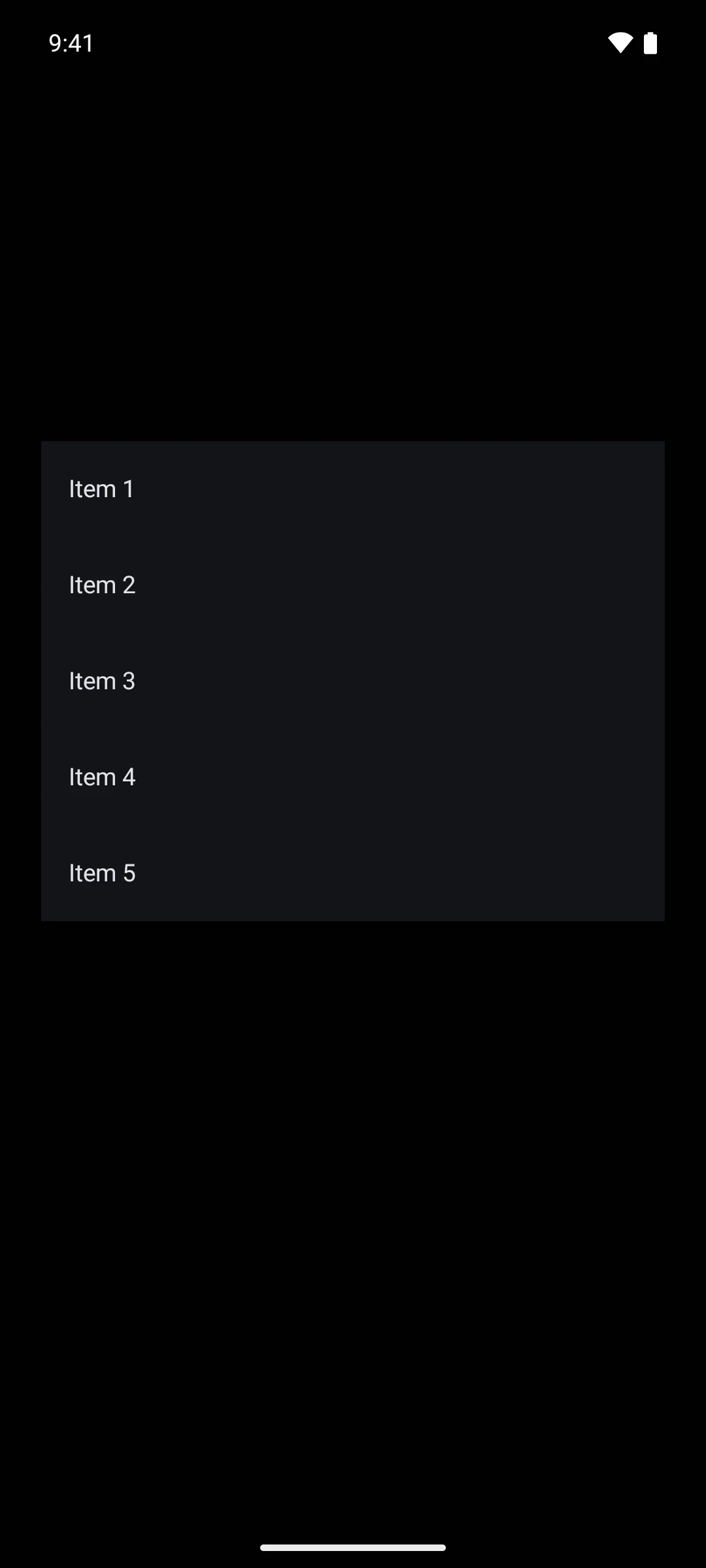 A five item list inside a pull to refresh container, at rest