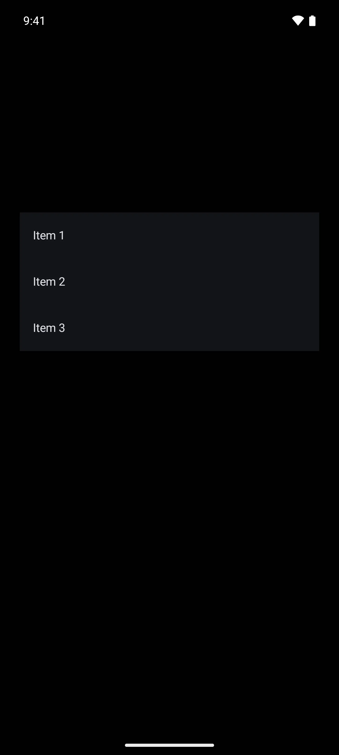 A three item list inside a pull to refresh container with a custom indicator, at rest