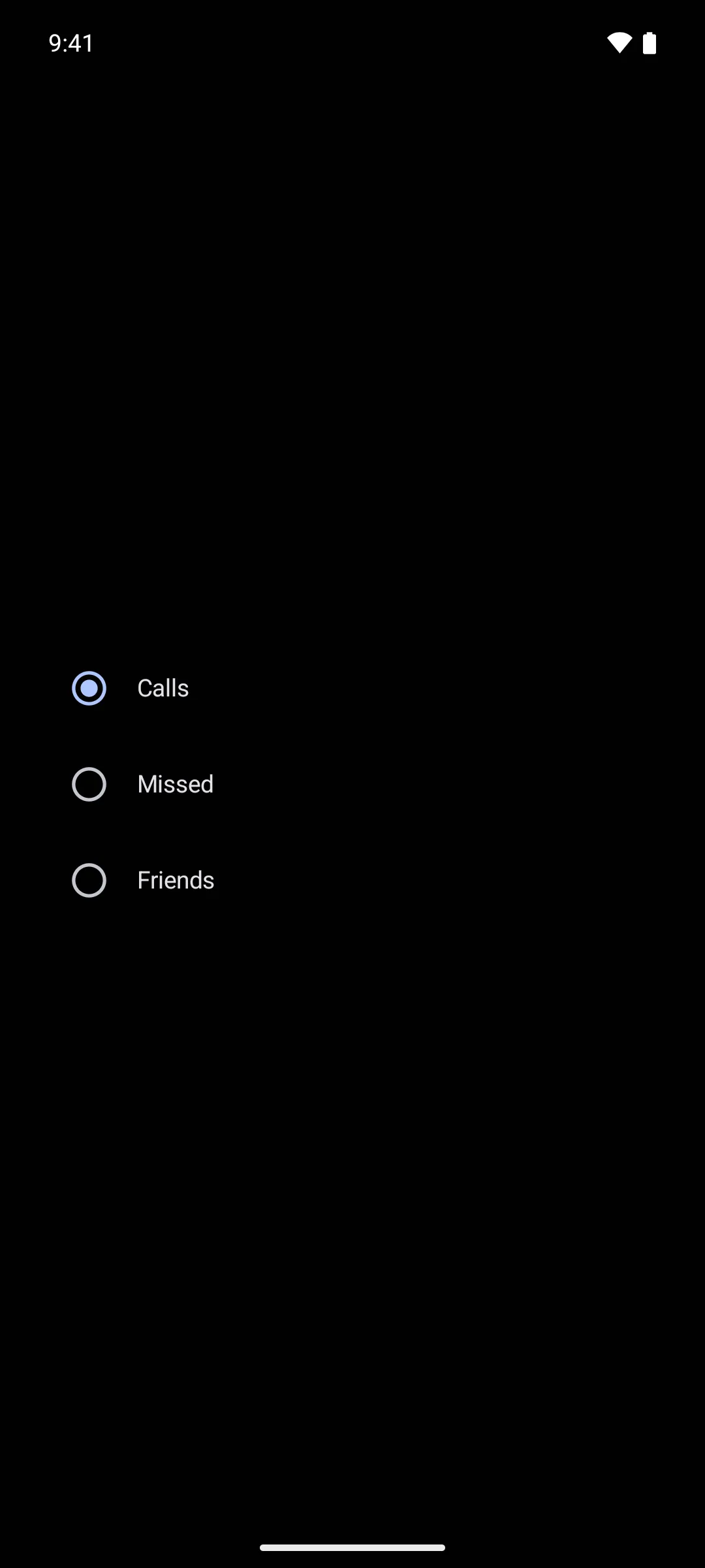 Three radio rows labelled Calls, Missed, and Friends, with Calls selected