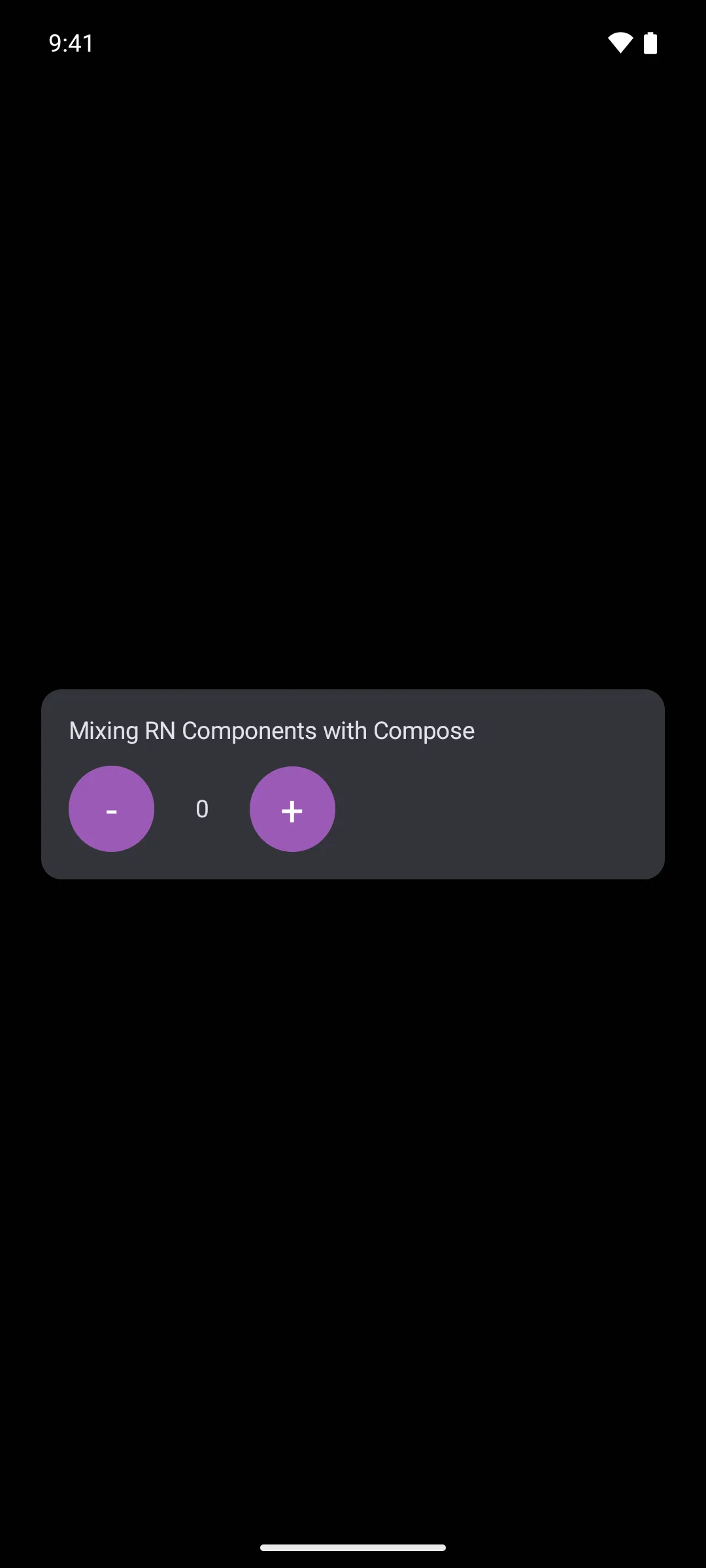 A Compose card with minus and plus React Native buttons either side of a Compose counter reading zero