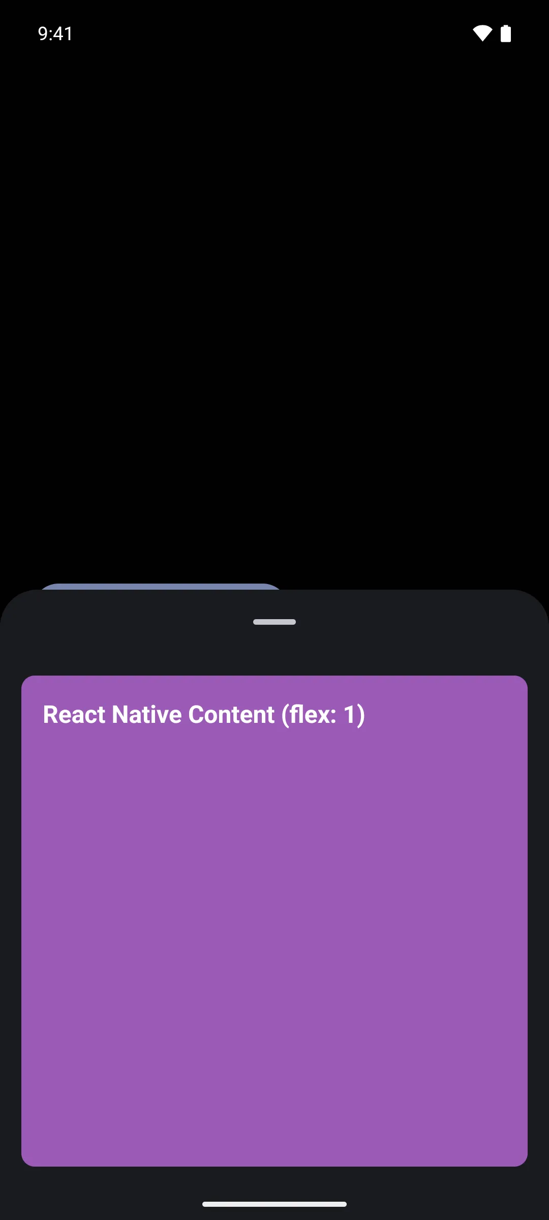A bottom sheet filled by a purple React Native view labelled React Native Content (flex: 1)