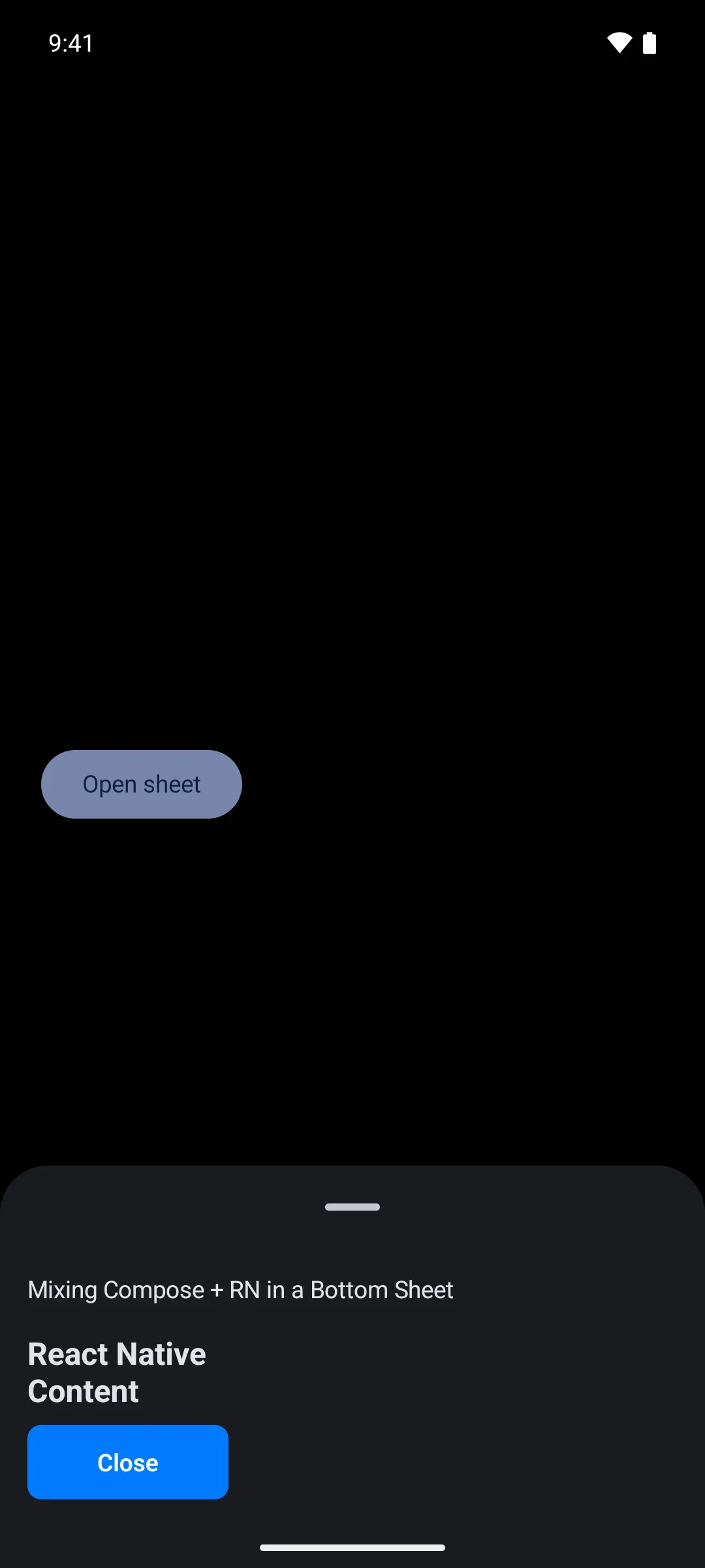 A bottom sheet with a Compose heading above React Native text and a blue Close button