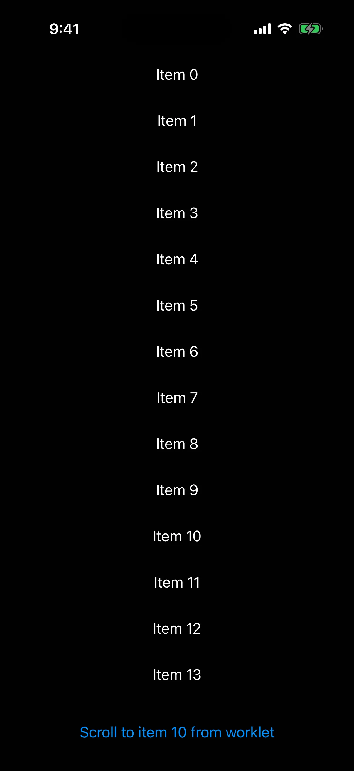 A scrollable list of items above a button labelled Scroll to item 10 from worklet.