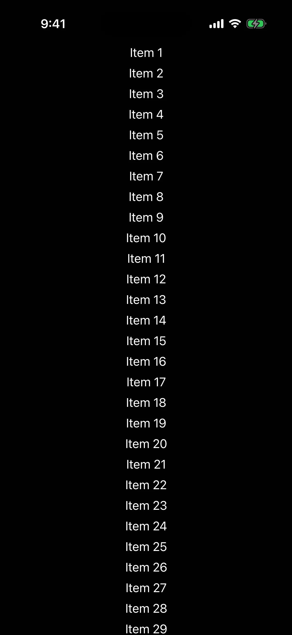 A vertical scroll view listing items one to twenty-nine.