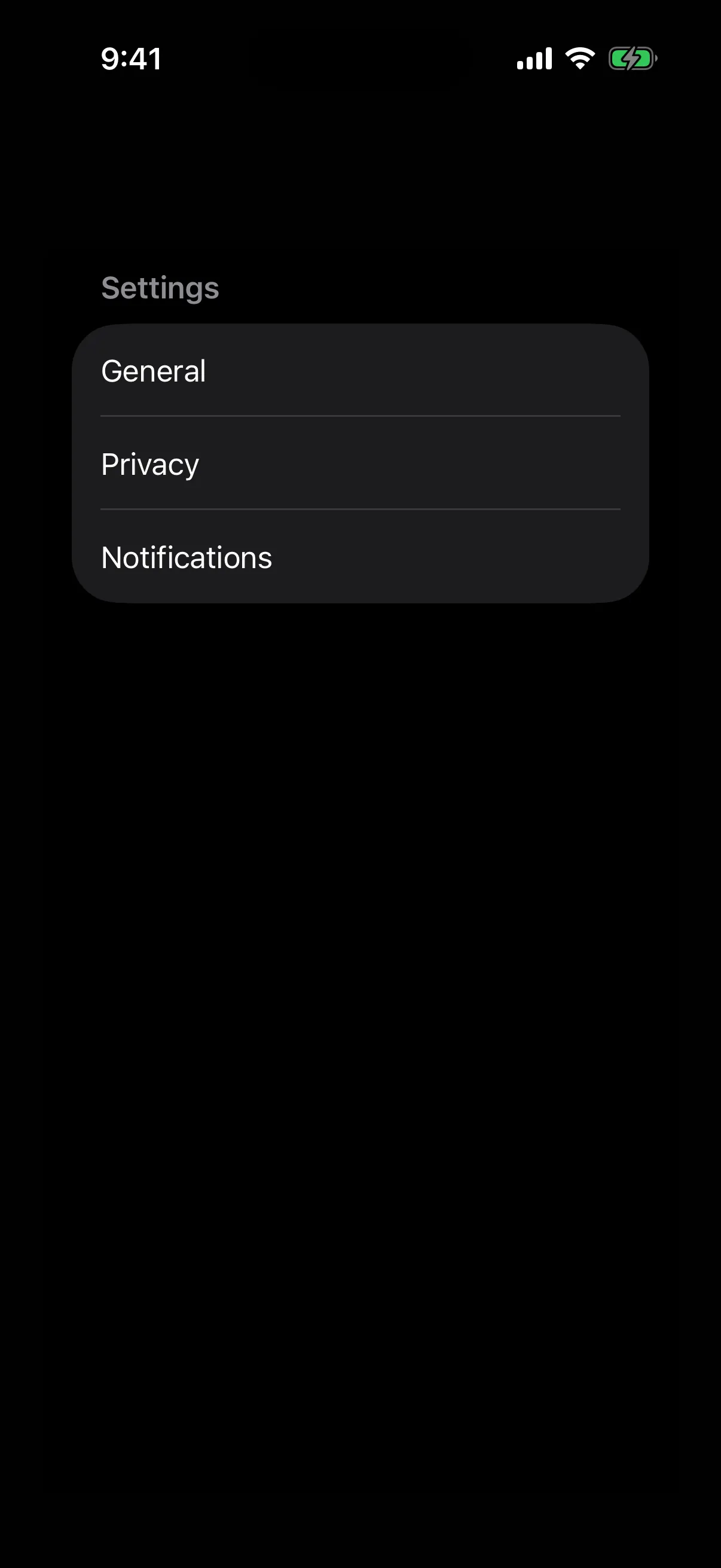 A list with a Settings header above General, Privacy, and Notifications rows