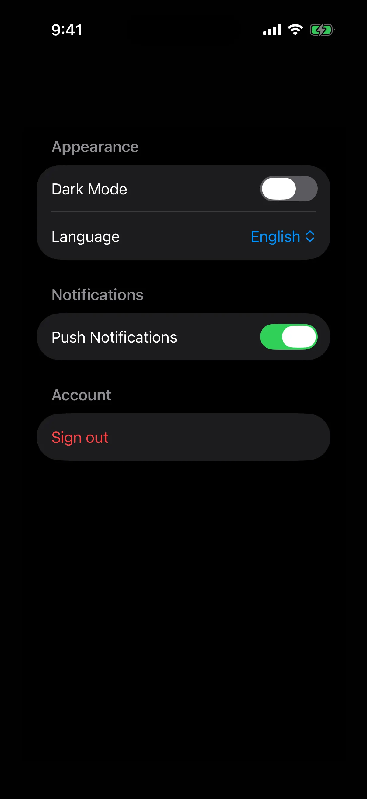 A form with Appearance, Notifications, and Account sections holding toggles, a picker, and a red Sign out button
