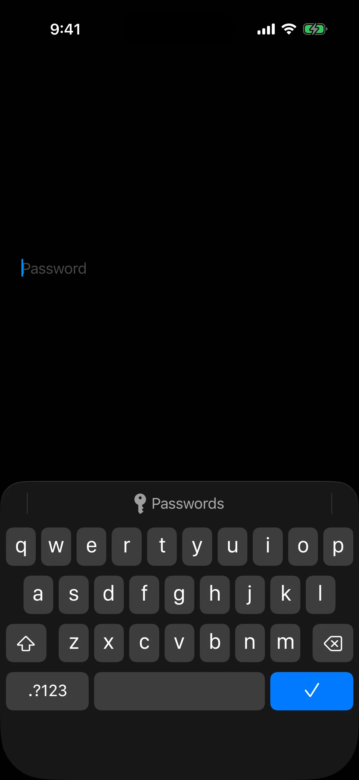 A focused secure field above the keyboard, whose submit key shows the done checkmark