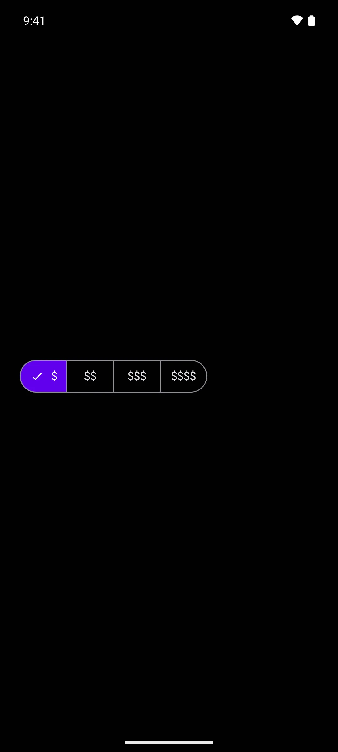 A segmented row of price tiers with the selected segment filled purple