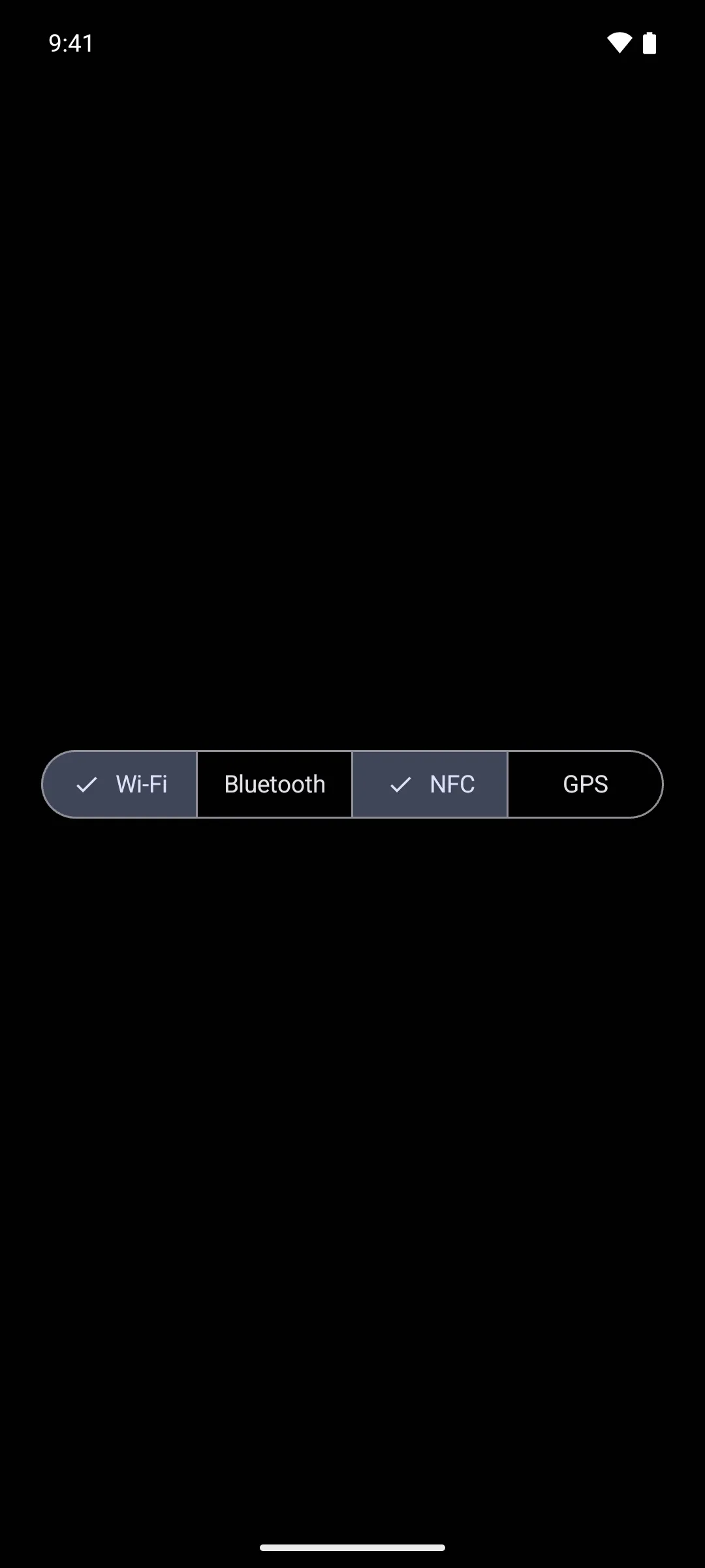 A multi-choice segmented row with Wi-Fi and NFC checked, Bluetooth and GPS unchecked