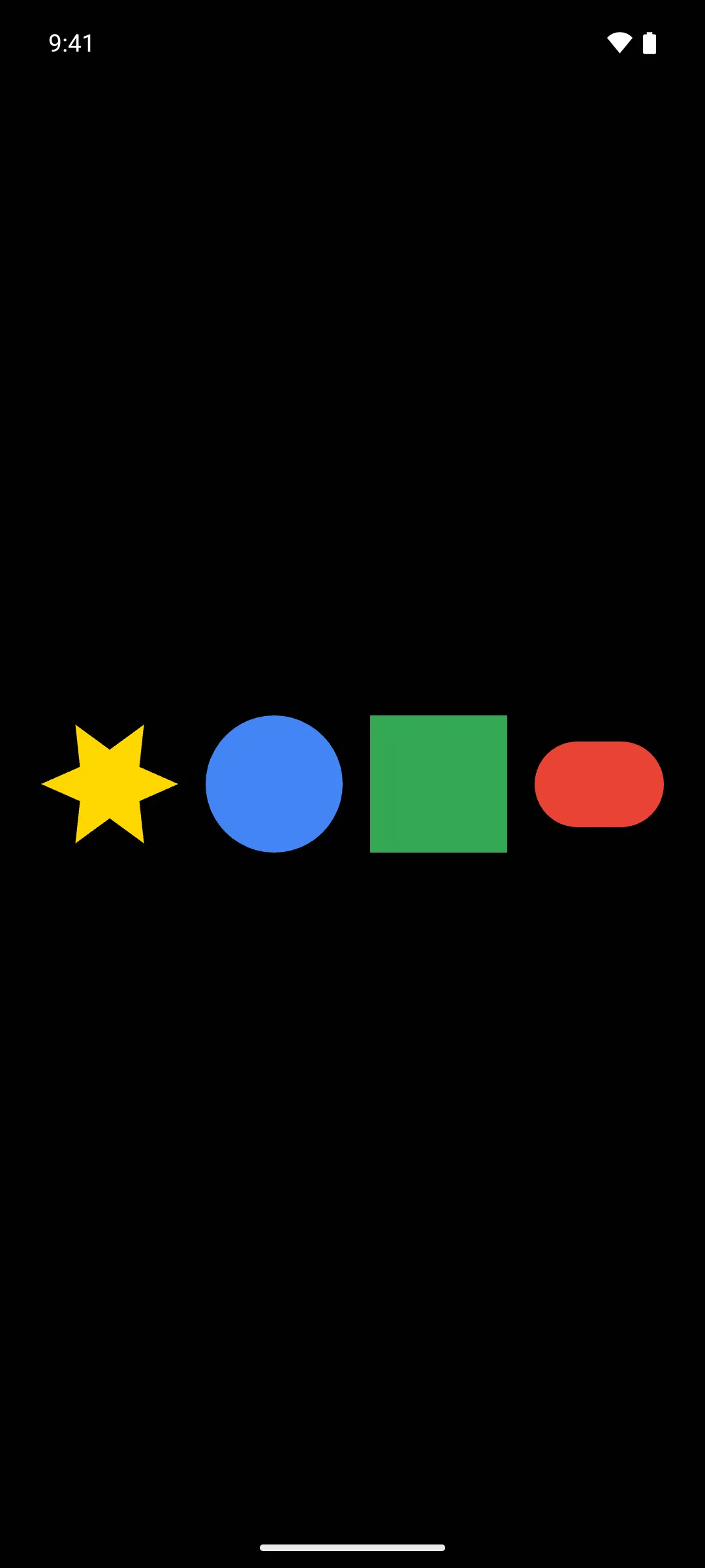 A gold star, blue circle, green square, and red pill in a row