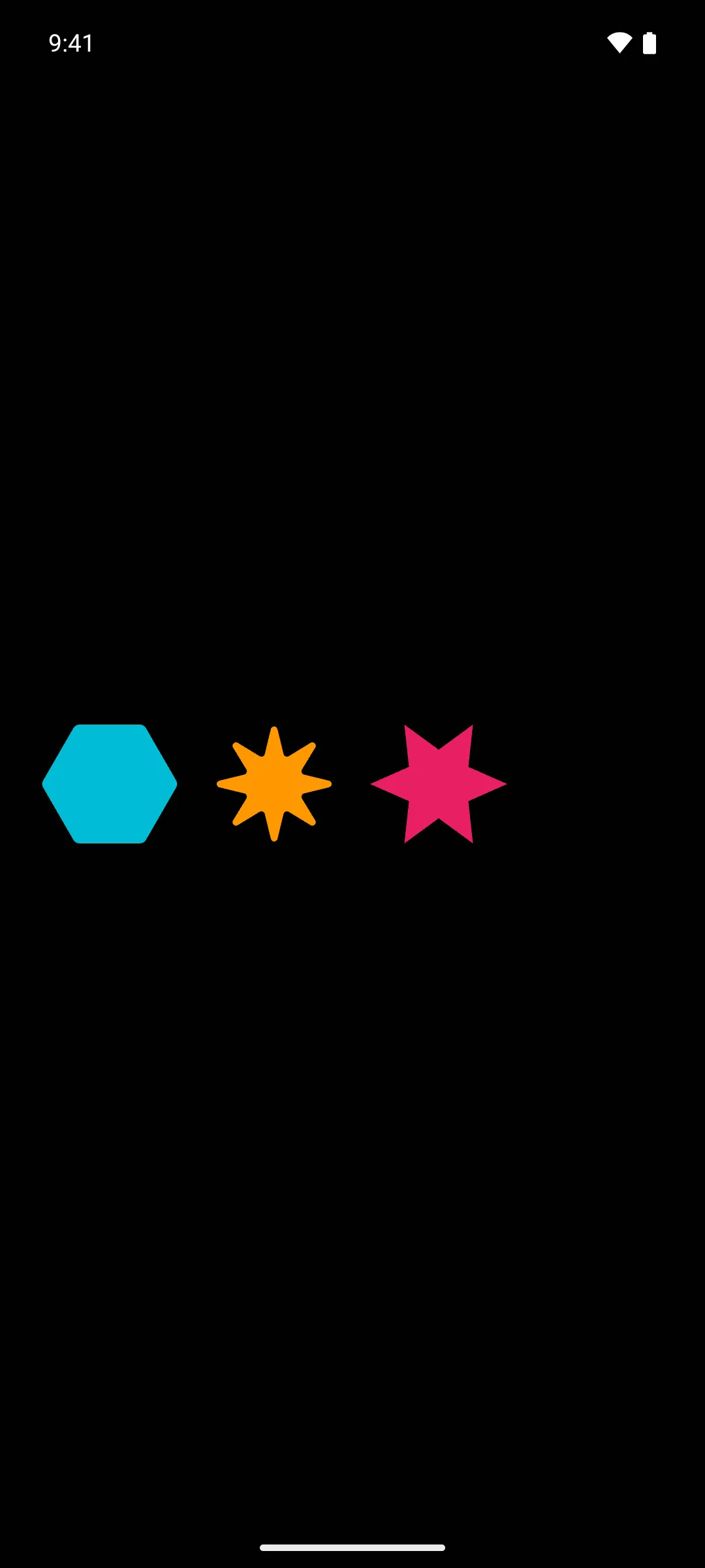 A cyan hexagon, an orange eight-pointed star, and a pink six-pointed pill star
