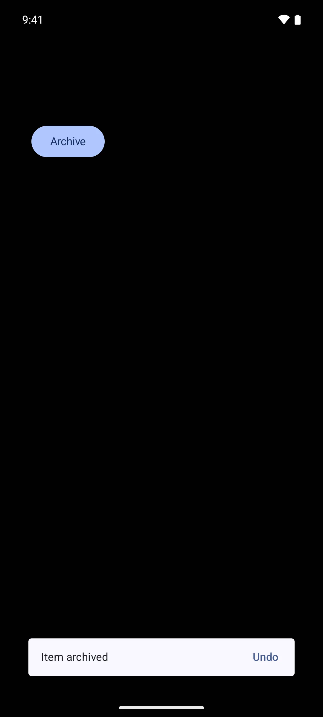 A Material 3 snackbar at the bottom of the screen reading 'Item archived' with an Undo action