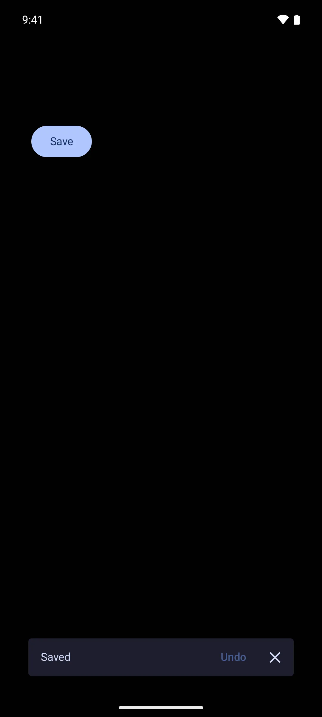 A snackbar with a dark navy container, light lavender message reading 'Saved', an Undo action, and a close icon