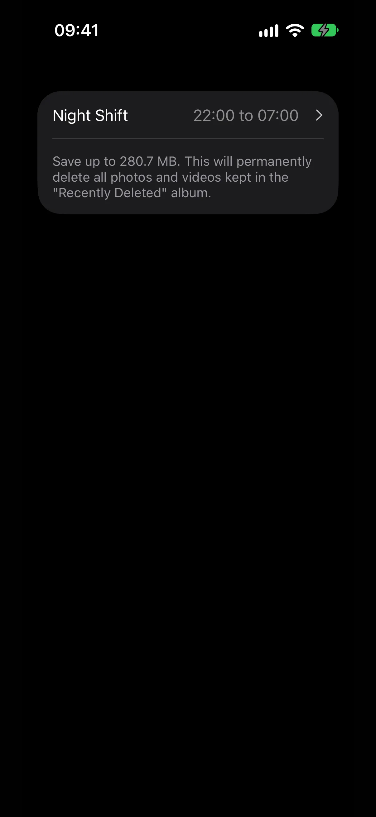A Night Shift row with its schedule in lighter secondary text above a secondary footer paragraph