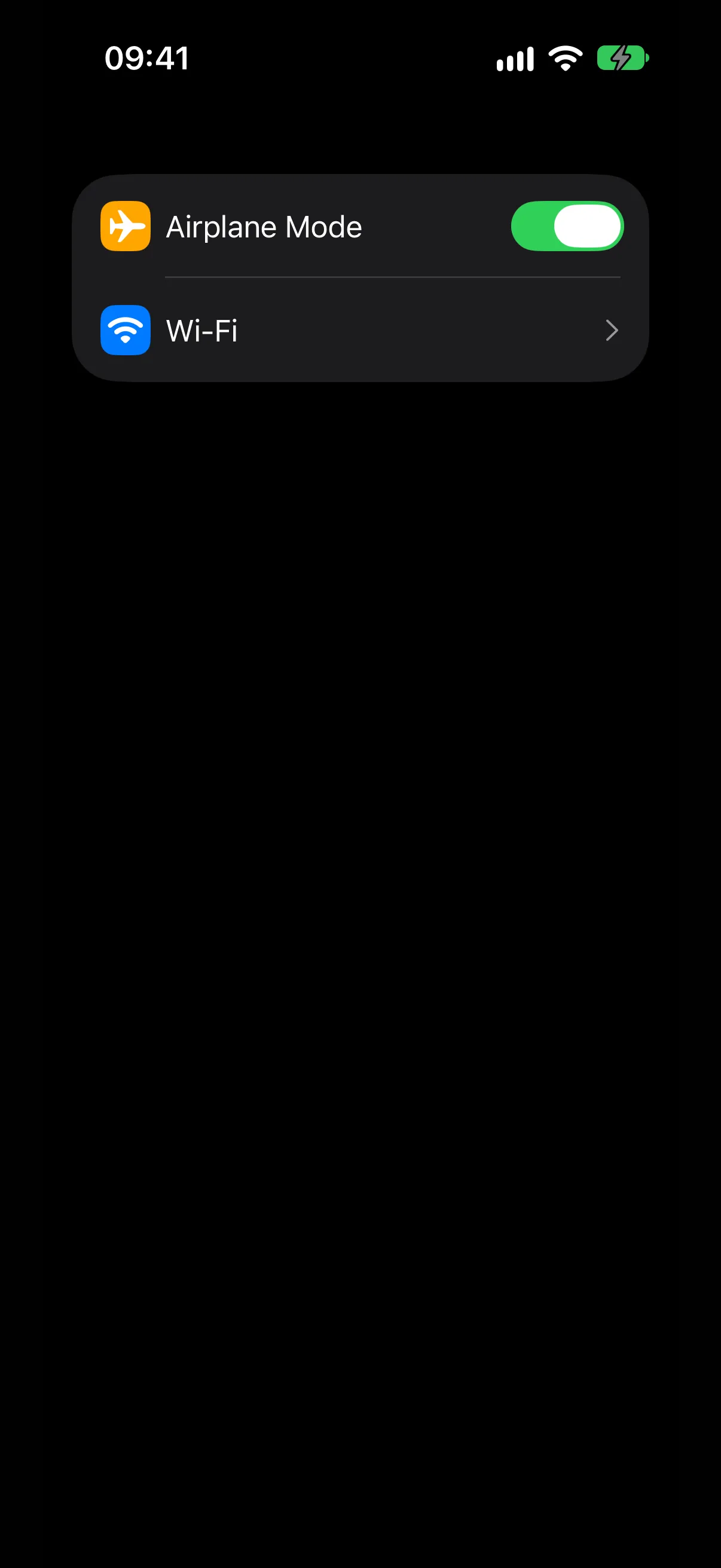 An Airplane Mode row with a green toggle above a Wi-Fi row with a disclosure arrow