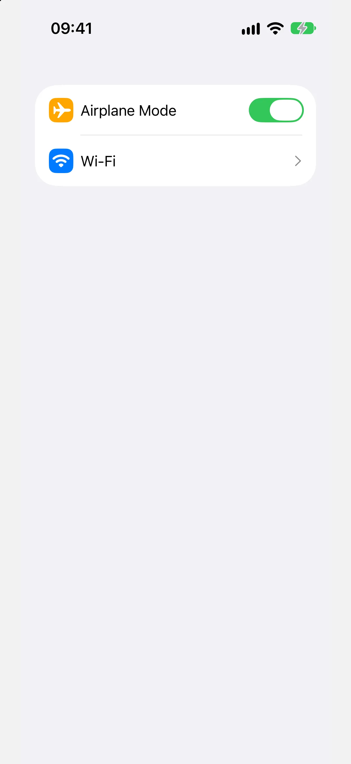 An Airplane Mode row with a green toggle above a Wi-Fi row with a disclosure arrow